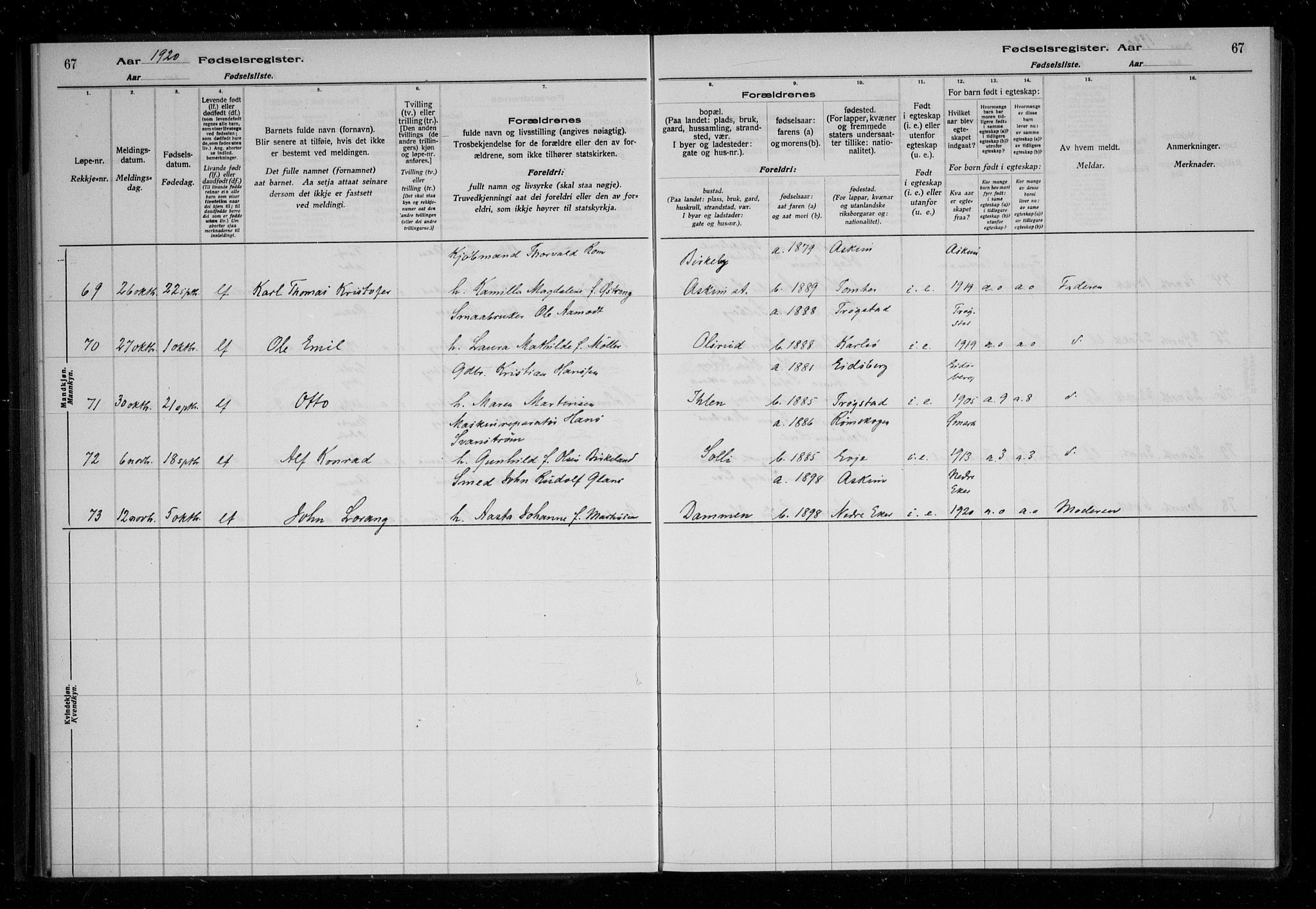 Askim prestekontor Kirkebøker, AV/SAO-A-10900/J/Ja/L0001: Birth register no. 1, 1916-1929, p. 67