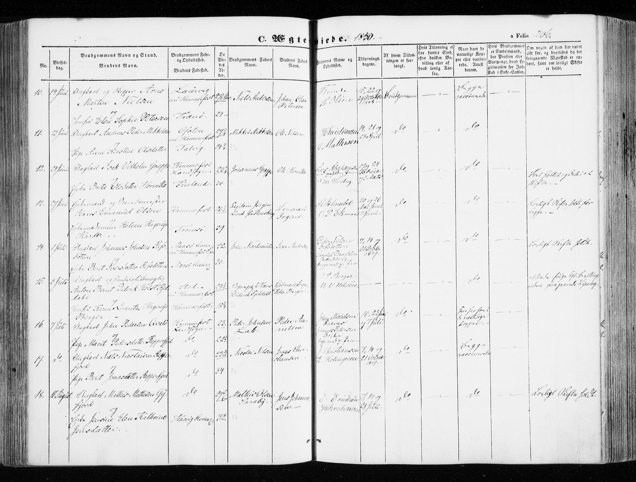Hammerfest sokneprestkontor, AV/SATØ-S-1347/H/Ha/L0004.kirke: Parish register (official) no. 4, 1843-1856, p. 206
