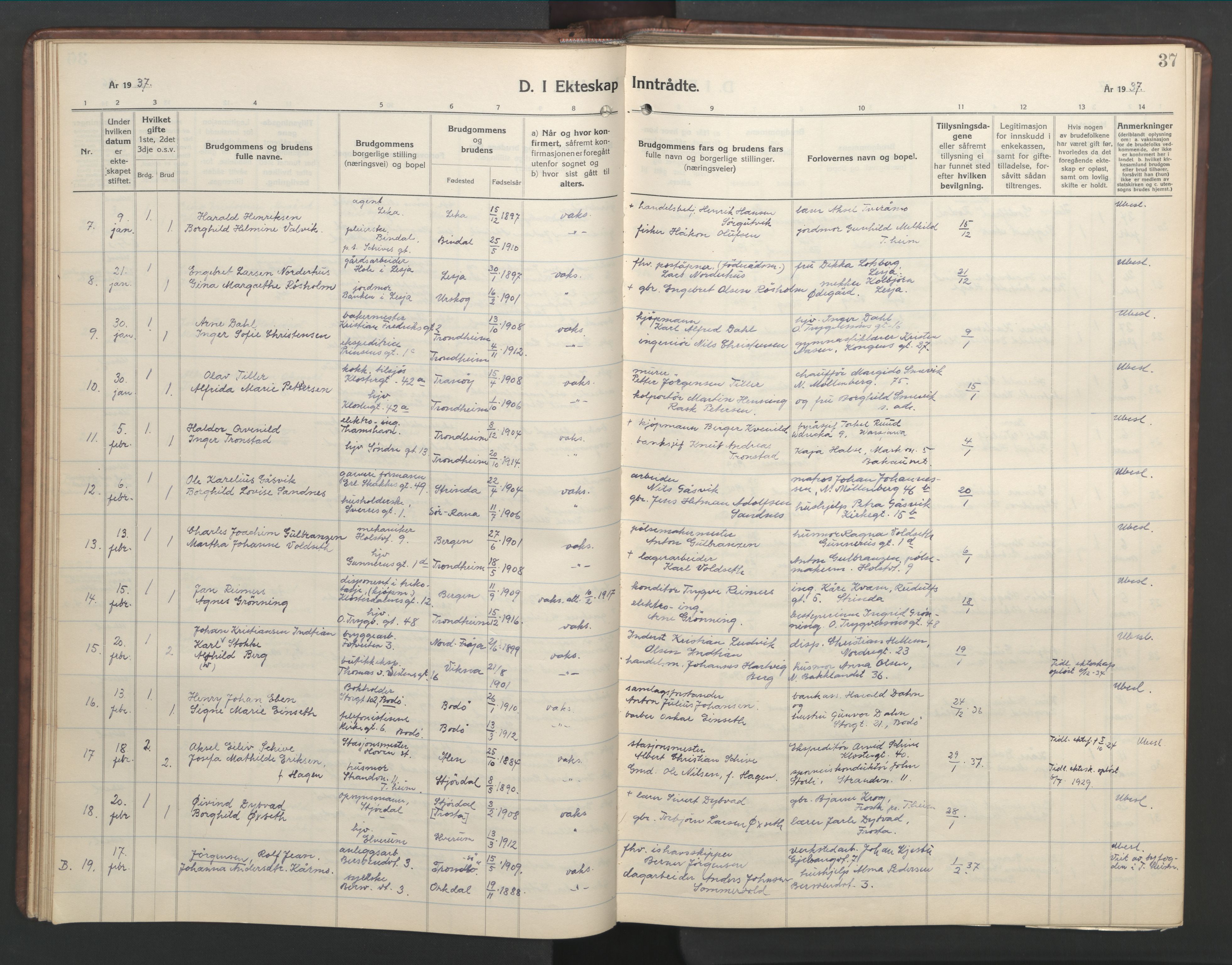 Ministerialprotokoller, klokkerbøker og fødselsregistre - Sør-Trøndelag, SAT/A-1456/601/L0101: Parish register (copy) no. 601C19, 1935-1946, p. 37