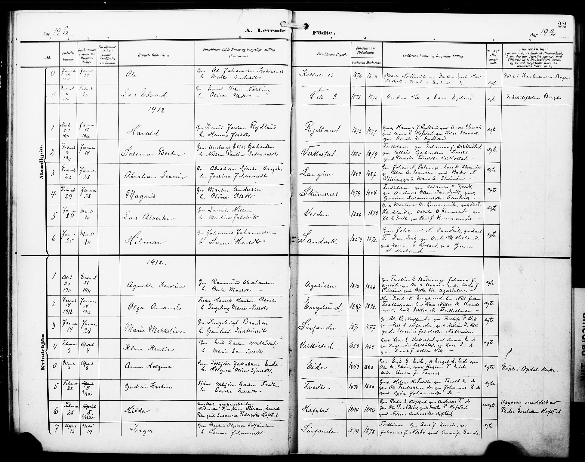 Fitjar sokneprestembete, SAB/A-99926: Parish register (copy) no. B 1, 1906-1928, p. 22