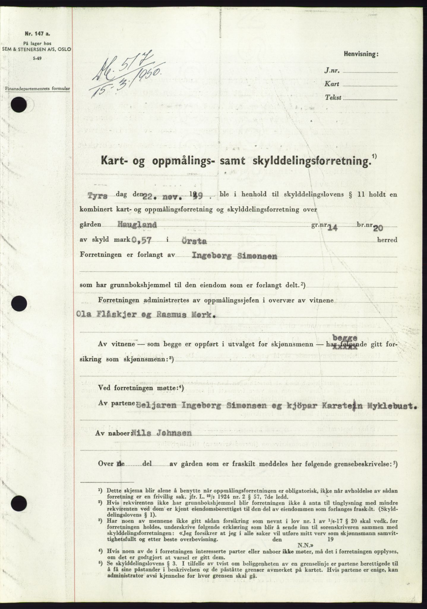 Søre Sunnmøre sorenskriveri, AV/SAT-A-4122/1/2/2C/L0086: Mortgage book no. 12A, 1949-1950, Diary no: : 517/1950