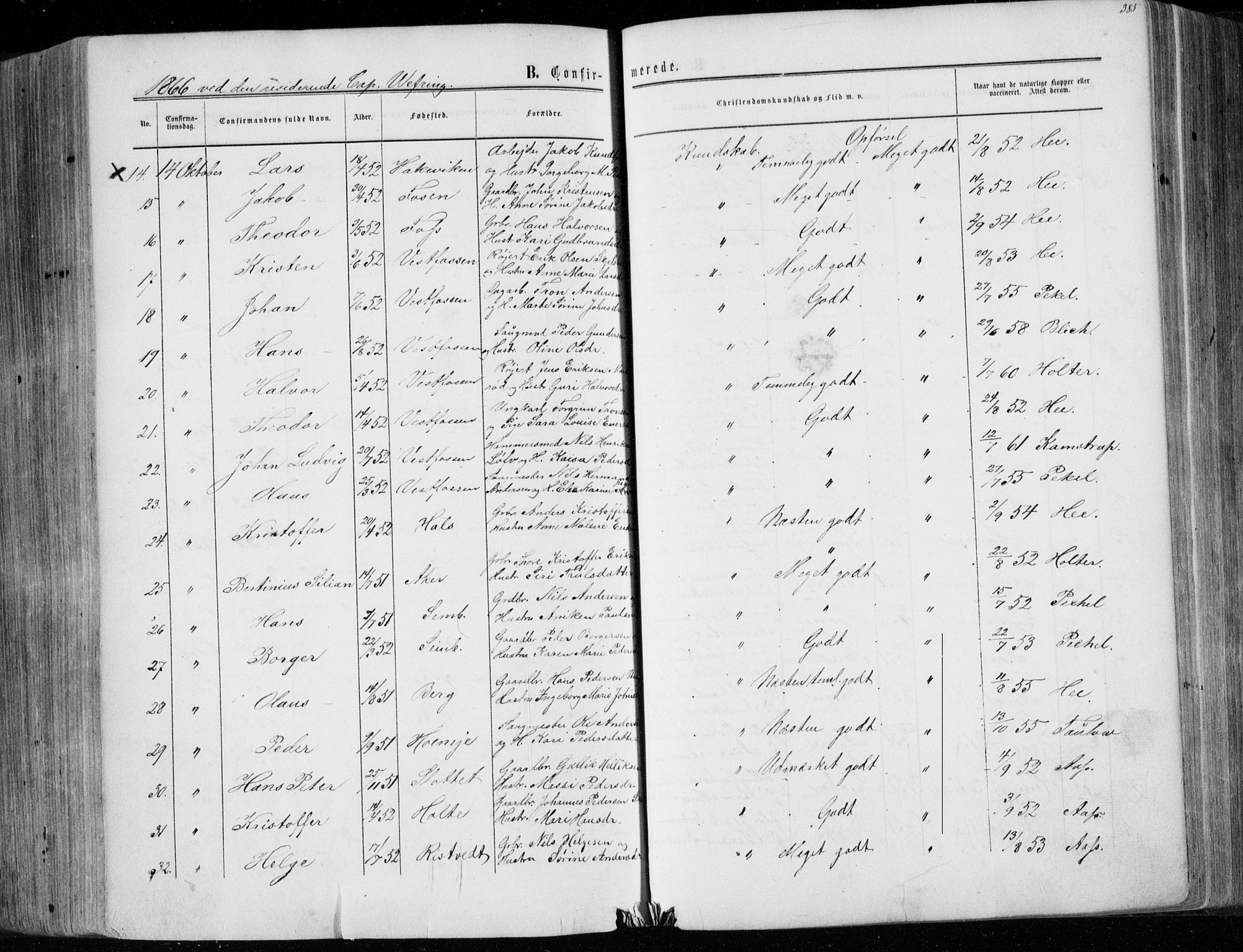 Eiker kirkebøker, AV/SAKO-A-4/F/Fa/L0016: Parish register (official) no. I 16, 1860-1868, p. 385