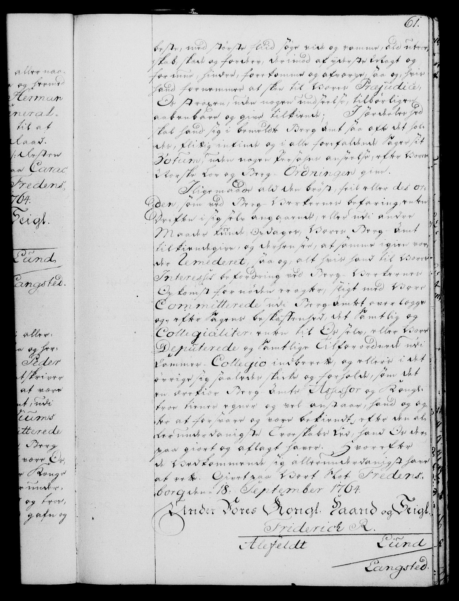 Rentekammeret, Kammerkanselliet, RA/EA-3111/G/Gg/Gge/L0004: Norsk bestallingsprotokoll med register (merket RK 53.28), 1762-1771, p. 61