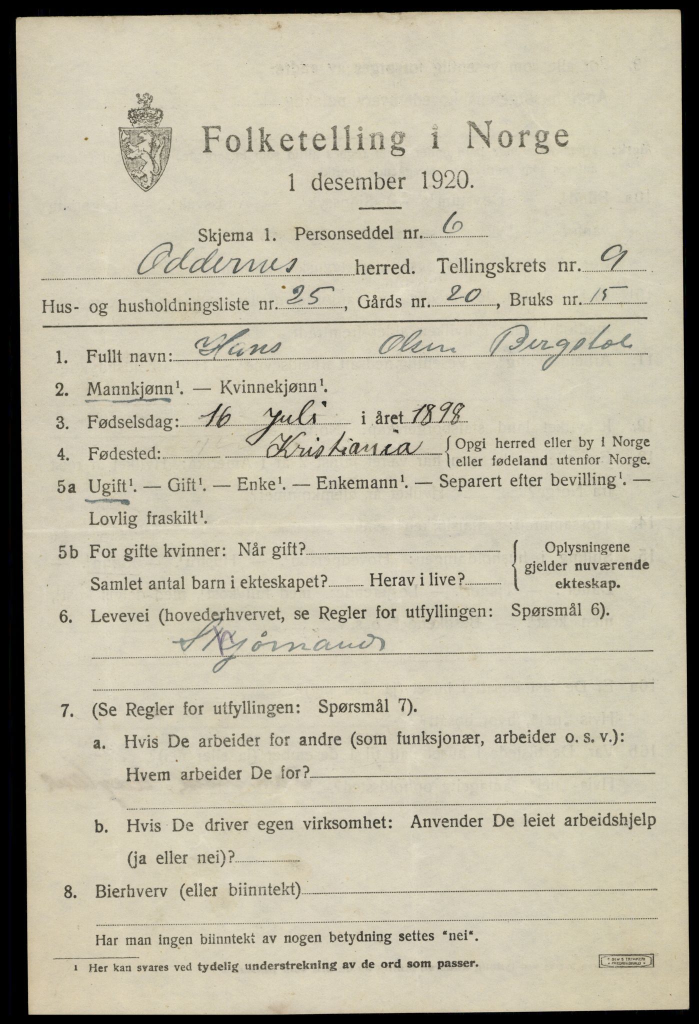 SAK, 1920 census for Oddernes, 1920, p. 6327