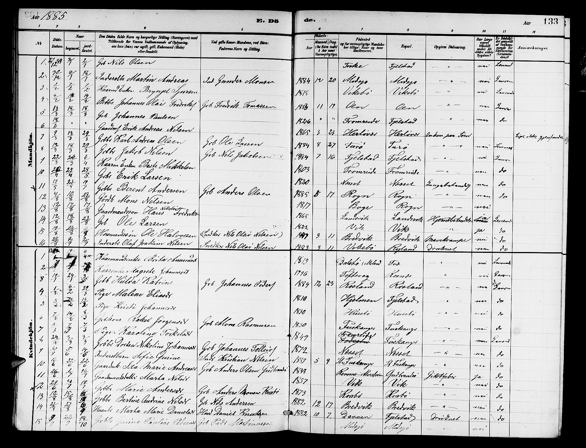 Herdla Sokneprestembete, AV/SAB-A-75701/H/Hab: Parish register (copy) no. A 2, 1881-1888, p. 133