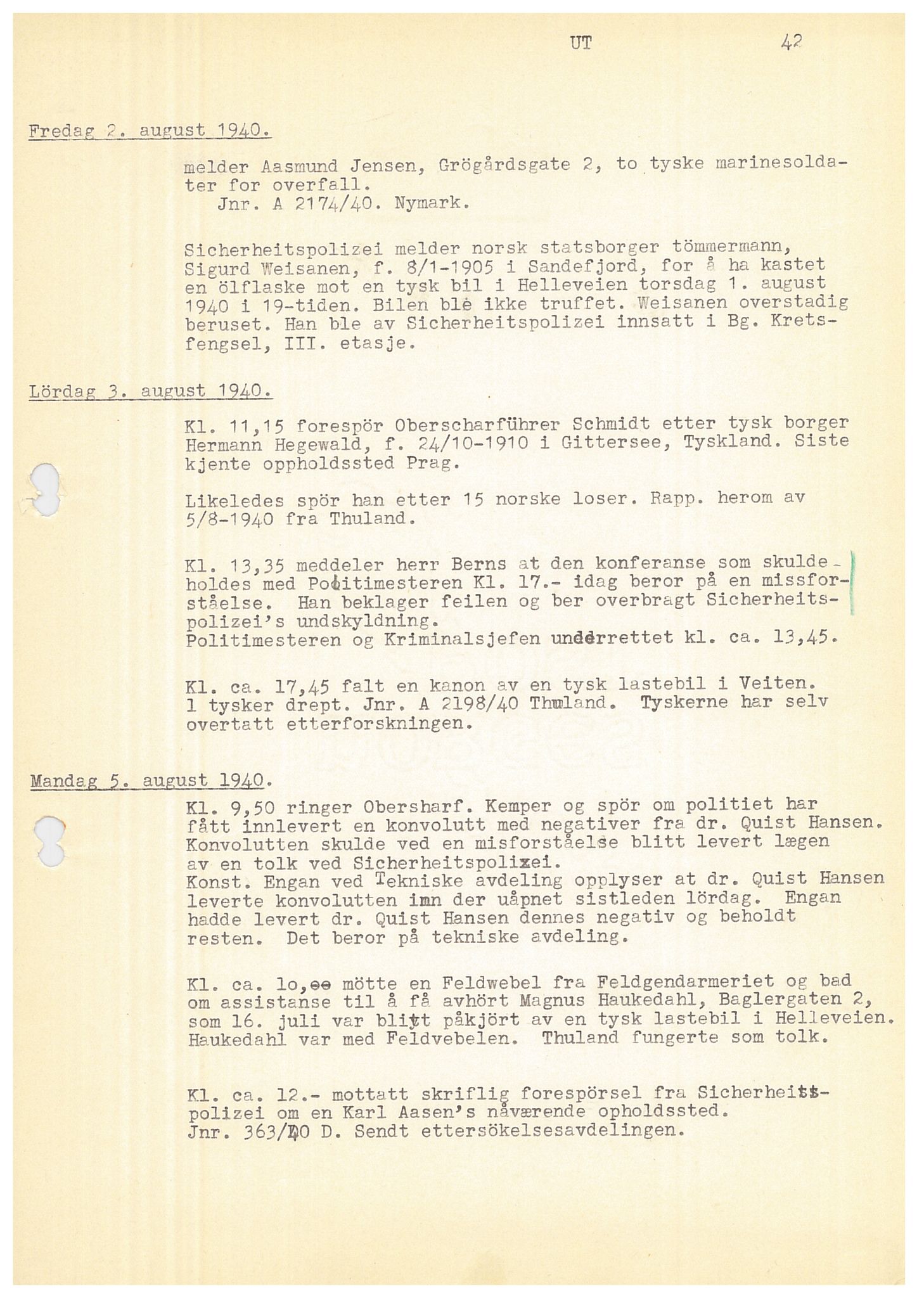 Bergen politikammer / politidistrikt, SAB/A-60401/Y/Ye/L0001: Avskrift av krigsdagbok av Dankert Thuland, 1940-1941, p. 42