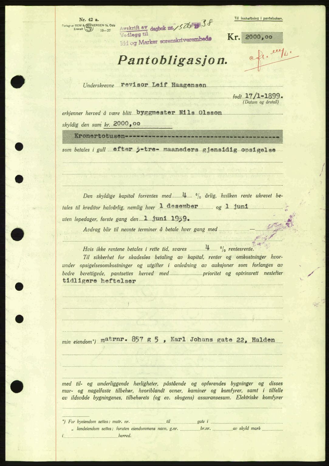 Idd og Marker sorenskriveri, AV/SAO-A-10283/G/Gb/Gbc/L0001: Mortgage book no. B1-3, 1936-1939, Diary no: : 1506/1938