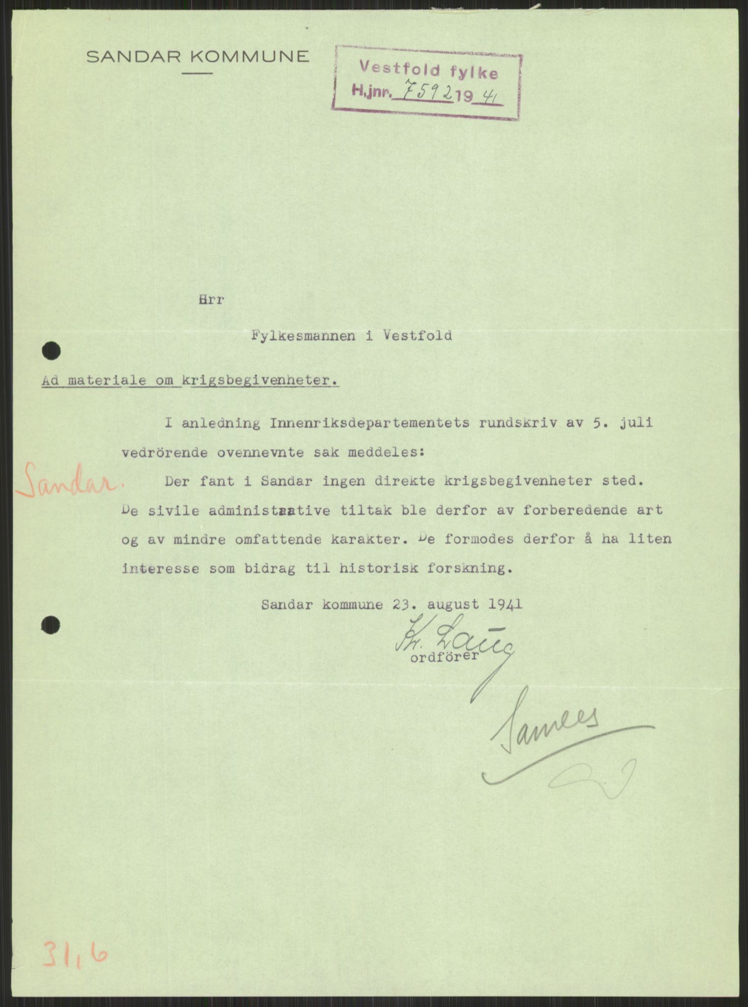 Forsvaret, Forsvarets krigshistoriske avdeling, AV/RA-RAFA-2017/Y/Ya/L0014: II-C-11-31 - Fylkesmenn.  Rapporter om krigsbegivenhetene 1940., 1940, p. 575