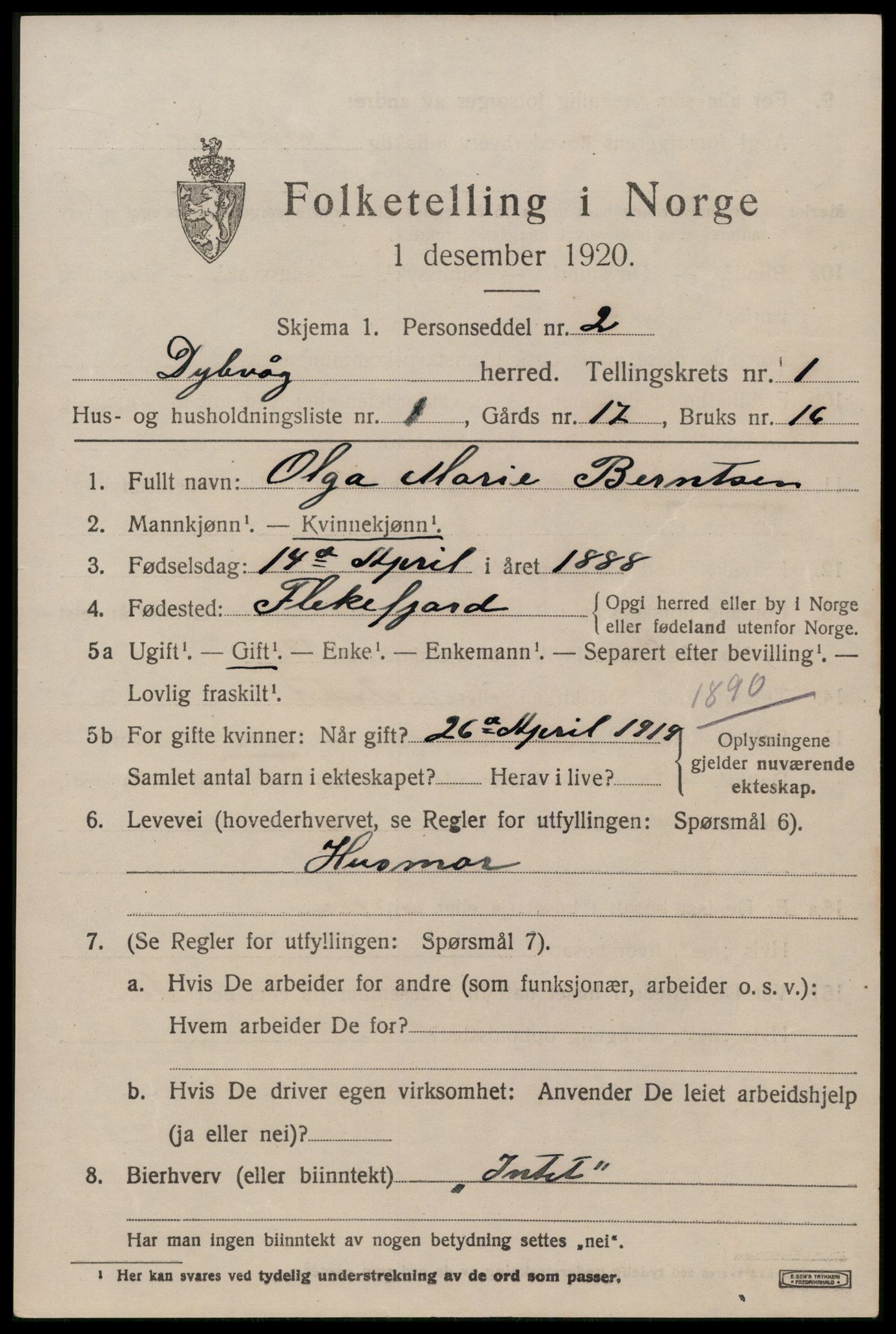 SAK, 1920 census for Dypvåg, 1920, p. 1309
