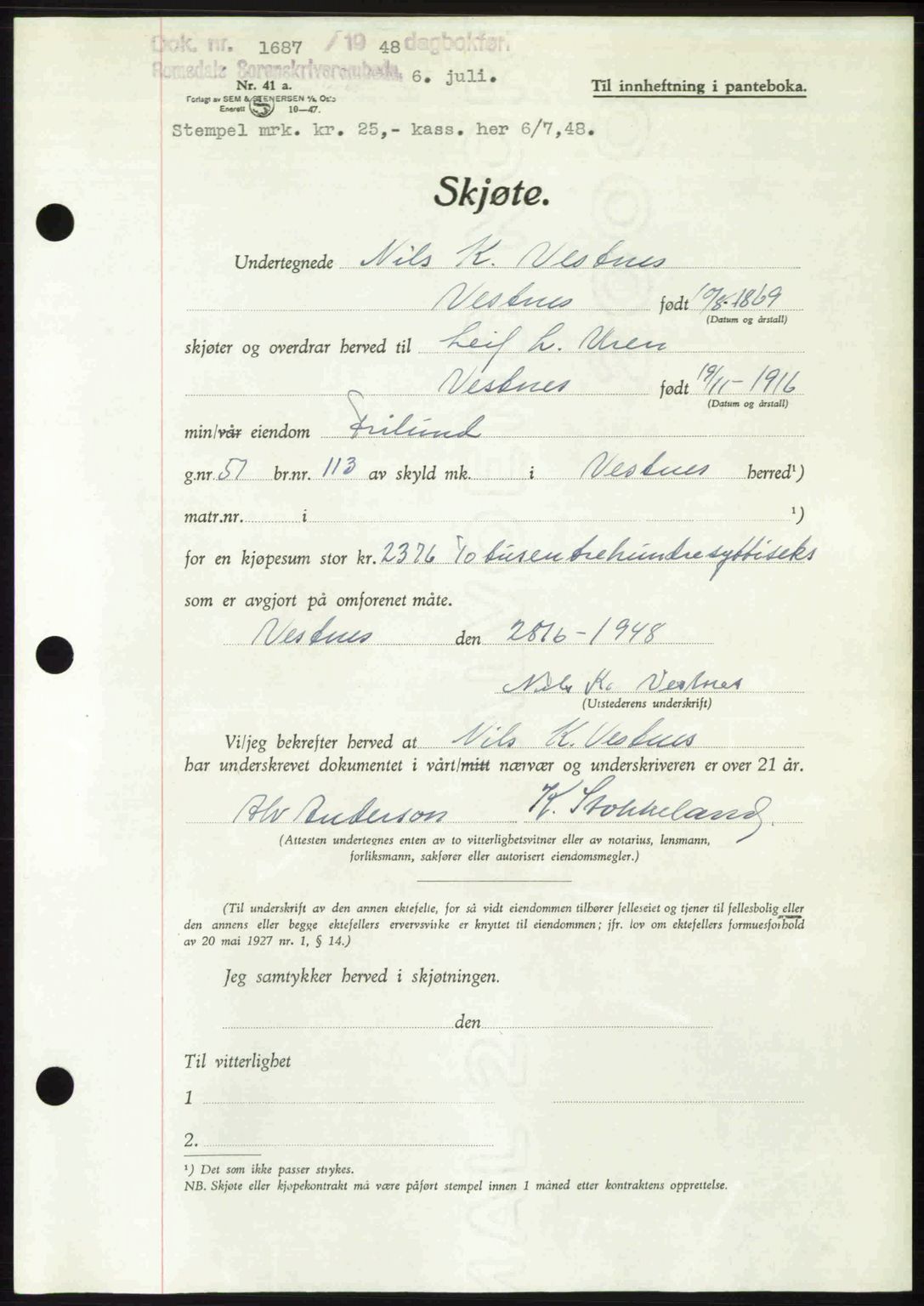 Romsdal sorenskriveri, AV/SAT-A-4149/1/2/2C: Mortgage book no. A26, 1948-1948, Diary no: : 1687/1948