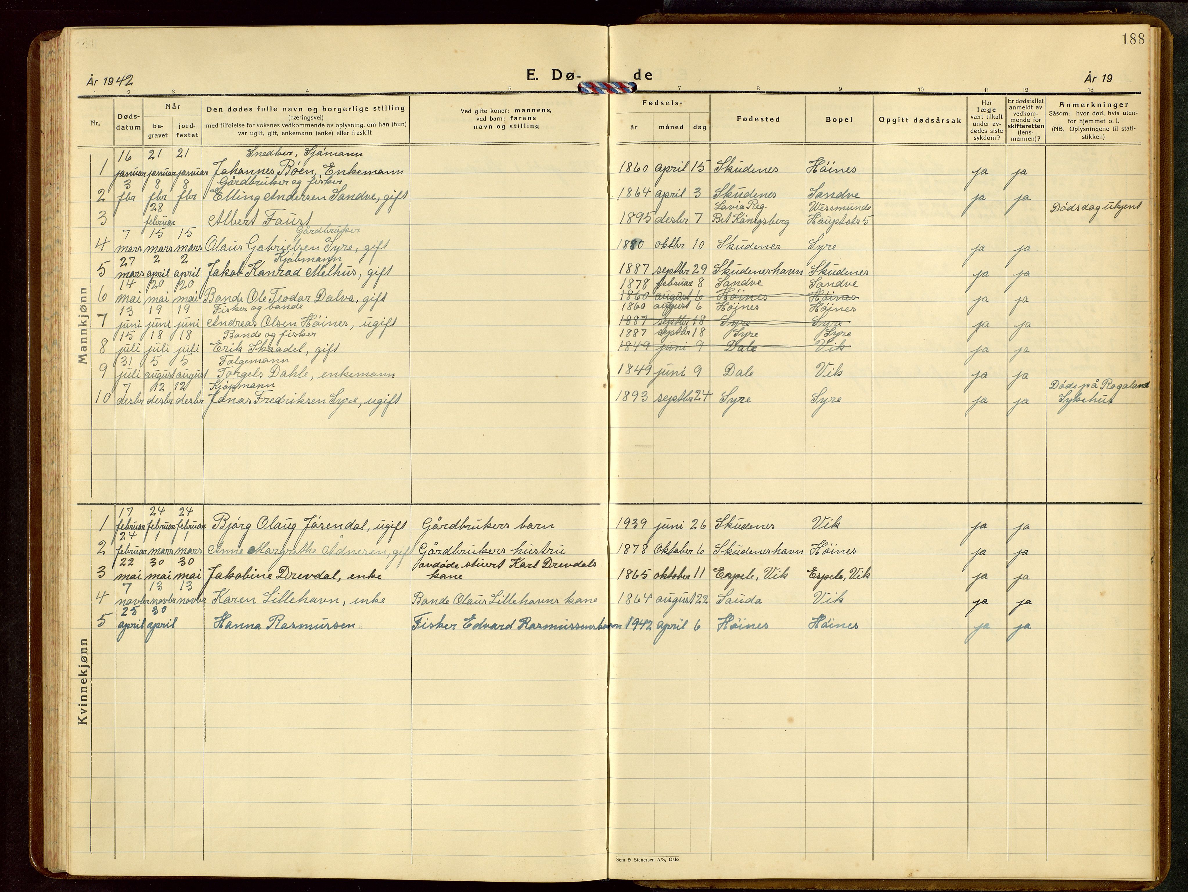 Skudenes sokneprestkontor, AV/SAST-A -101849/H/Ha/Hab/L0013: Parish register (copy) no. B 13, 1937-1954, p. 188