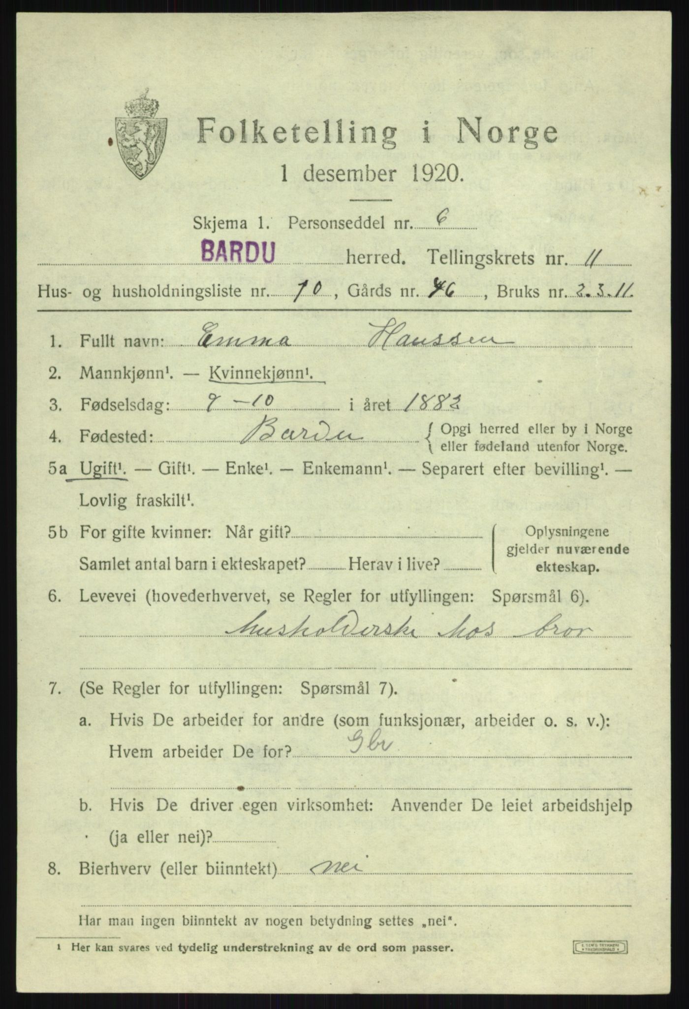 SATØ, 1920 census for Bardu, 1920, p. 3613