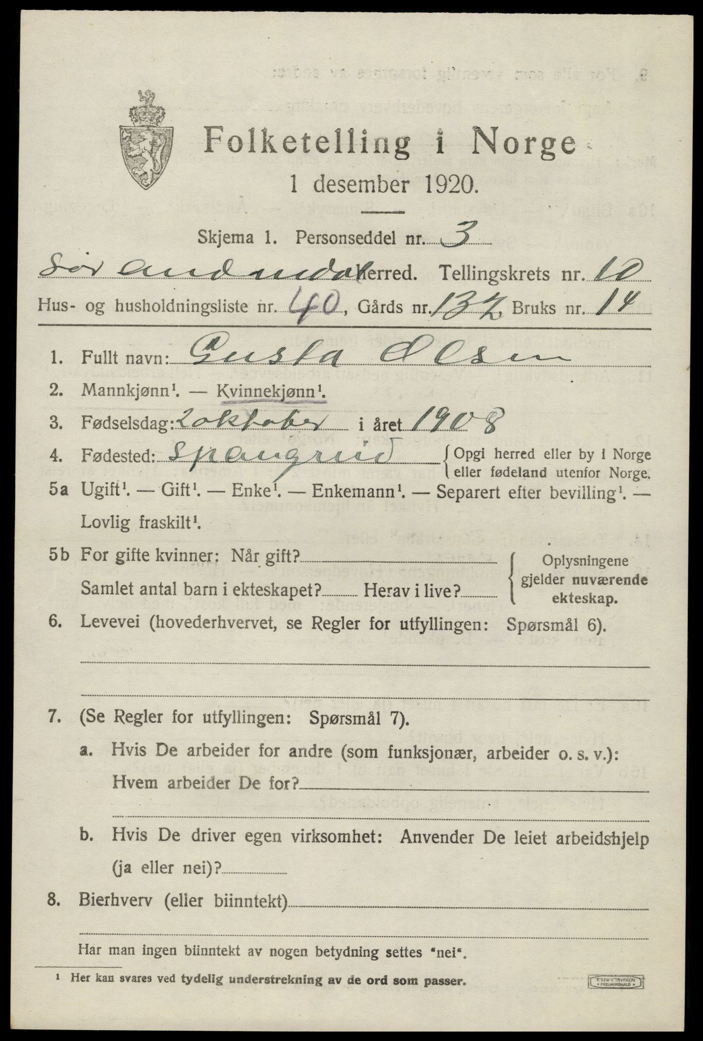SAK, 1920 census for Sør-Audnedal, 1920, p. 4177