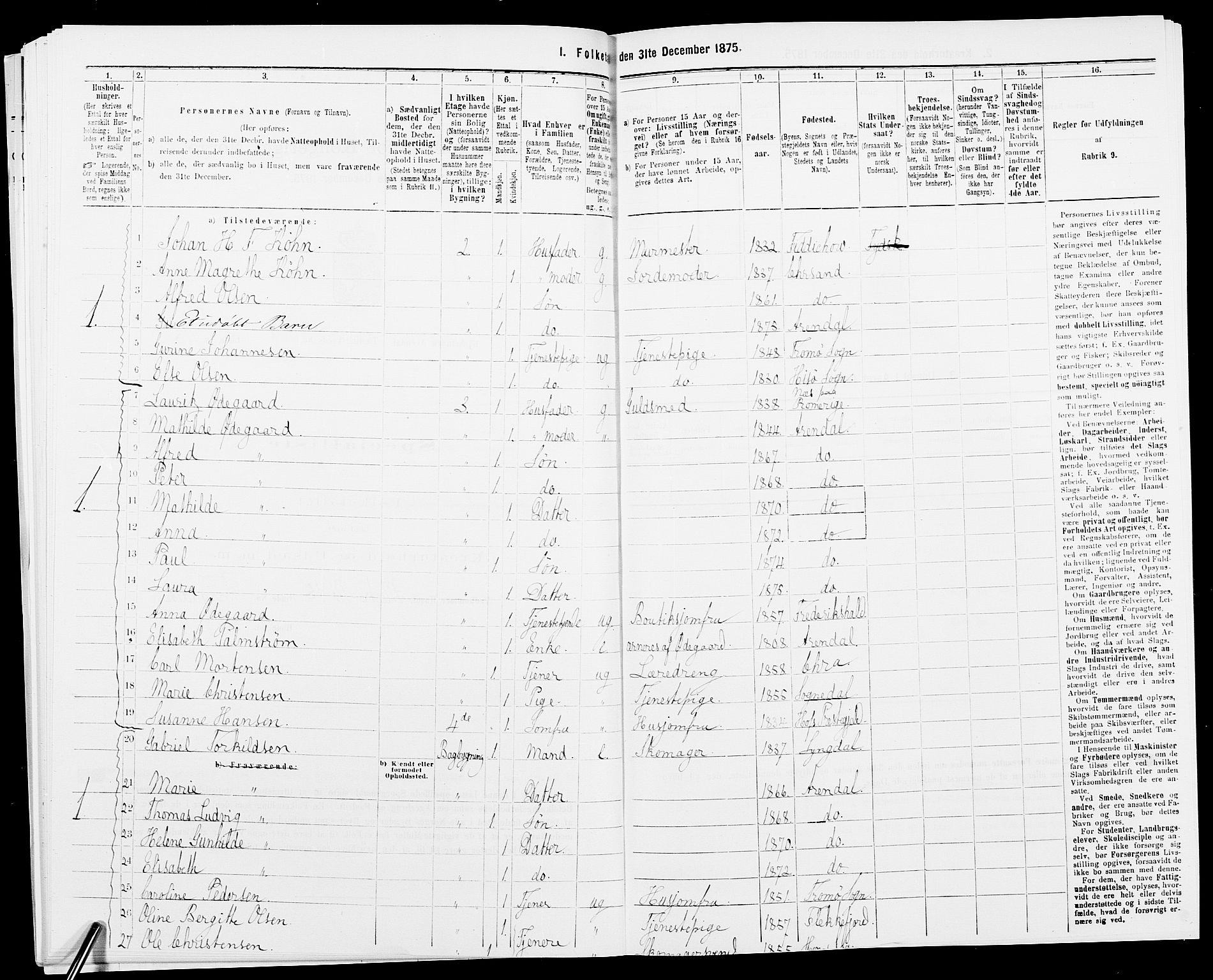 SAK, 1875 census for 0903P Arendal, 1875, p. 274