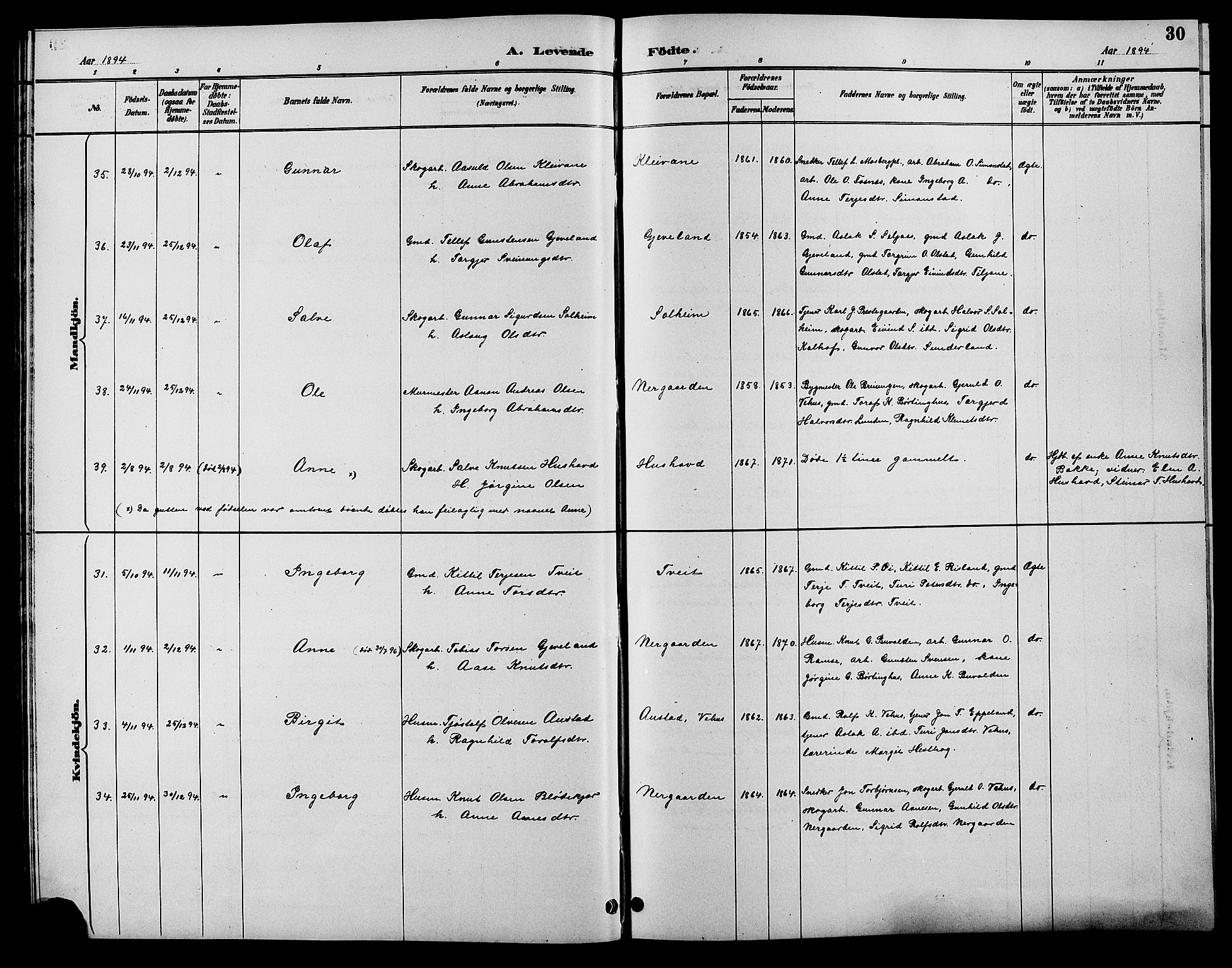 Åmli sokneprestkontor, AV/SAK-1111-0050/F/Fb/Fbc/L0004: Parish register (copy) no. B 4, 1889-1902, p. 30