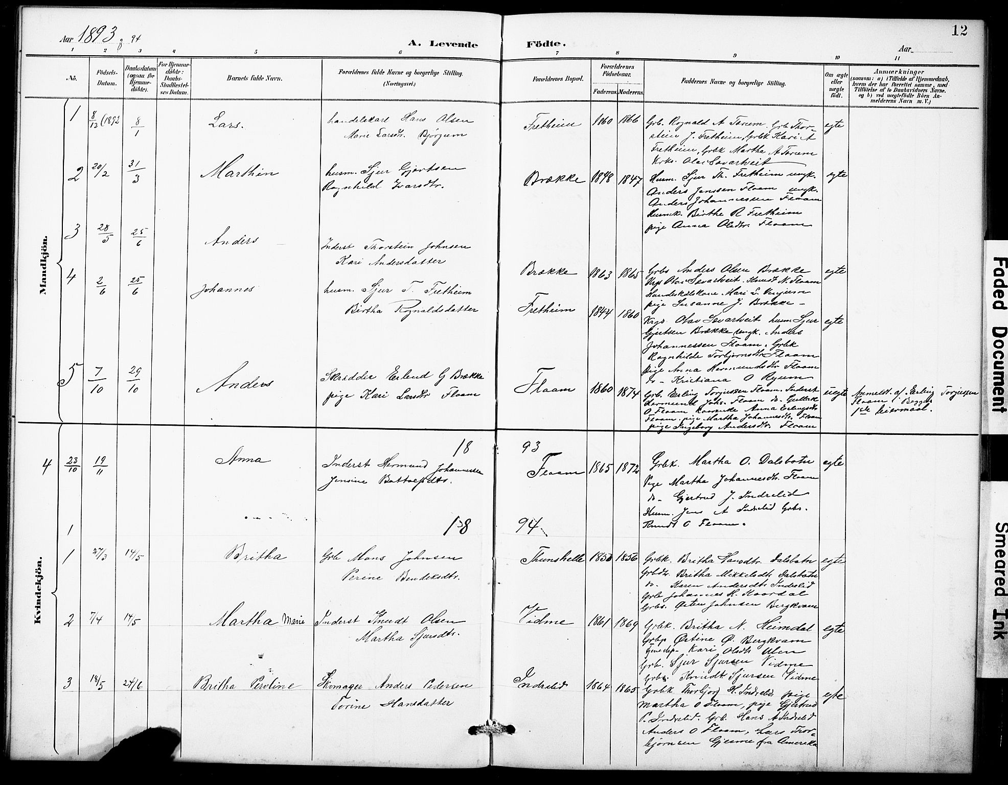 Aurland sokneprestembete, SAB/A-99937/H/Hb/Hbb/L0002: Parish register (copy) no. B 2, 1887-1929, p. 12