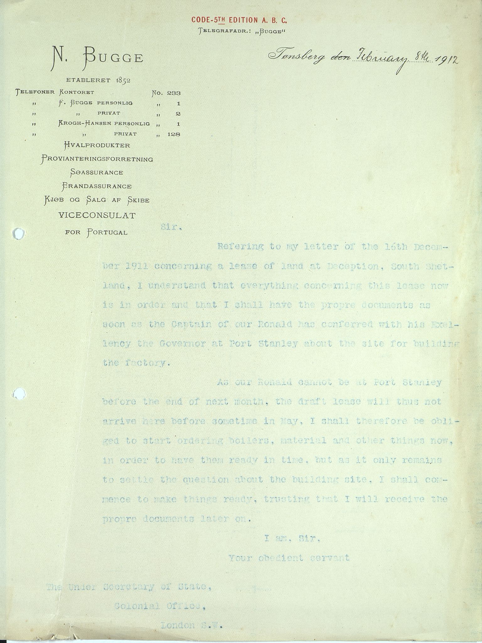 Pa 258 - N. Bugge AS, VEMU/A-1326/E/Ea/L0001/0002: Lisensavtaler og korrespondanse med Britiske myndigheter / The Under Secretary of State, Colonial Office, 1912-1920