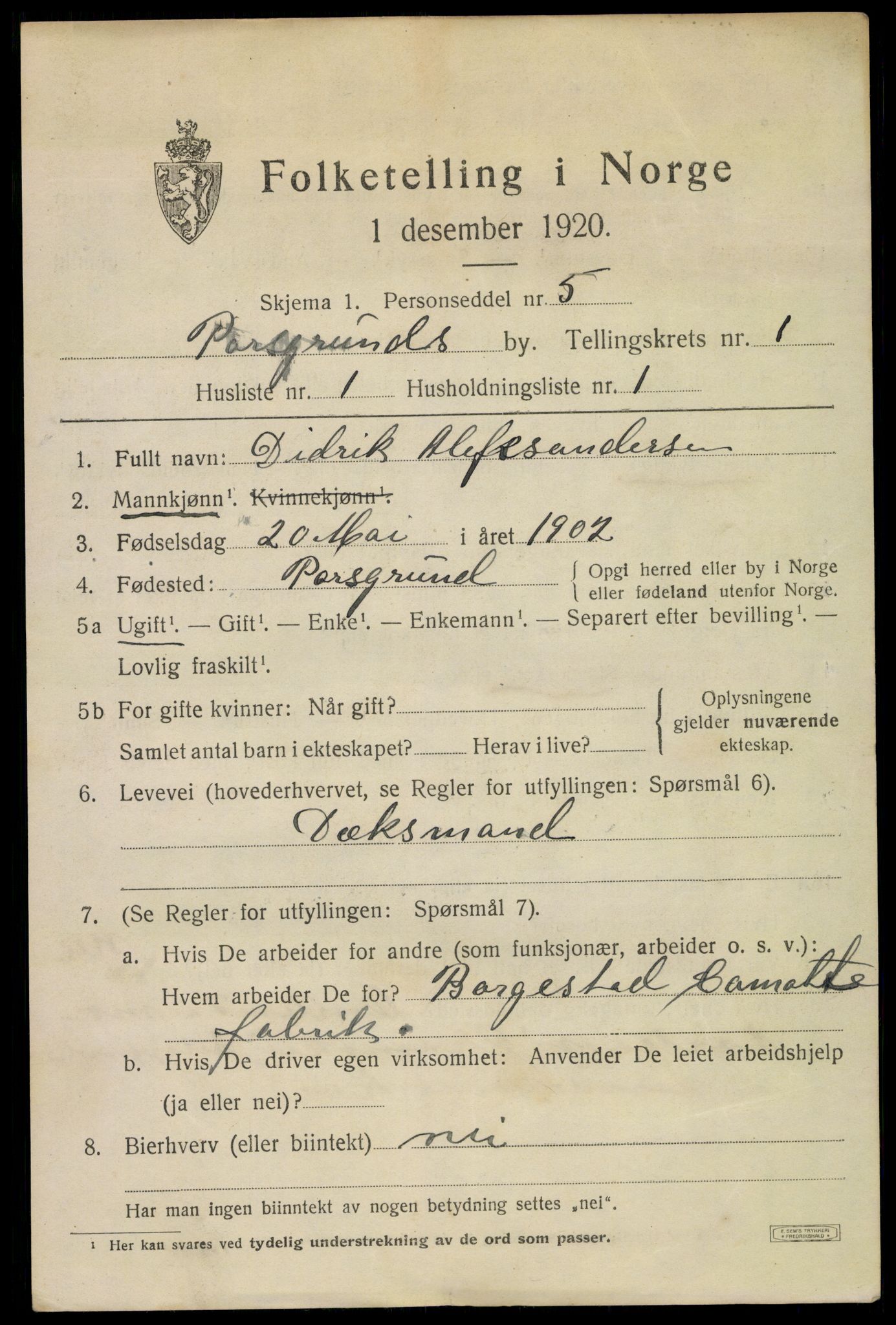 SAKO, 1920 census for Porsgrunn, 1920, p. 7113