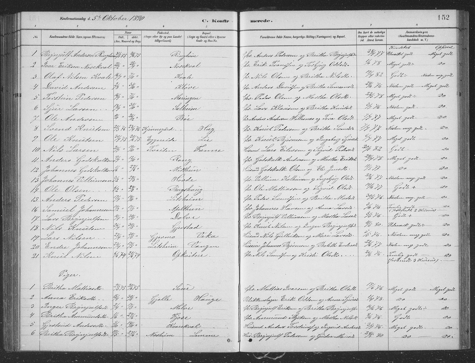 Voss sokneprestembete, SAB/A-79001/H/Hab: Parish register (copy) no. B 3, 1879-1894, p. 152