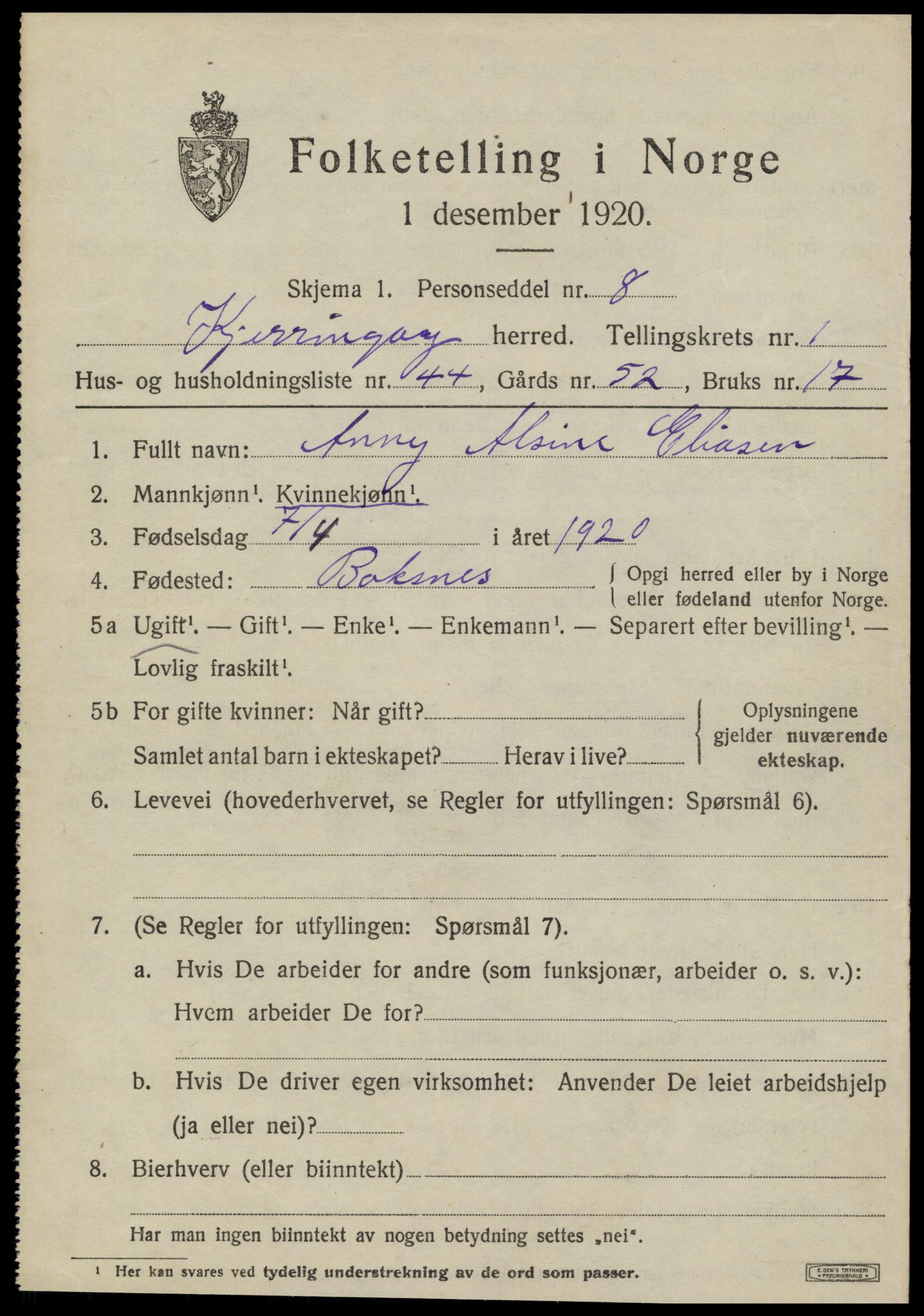 SAT, 1920 census for Kjerringøy, 1920, p. 845