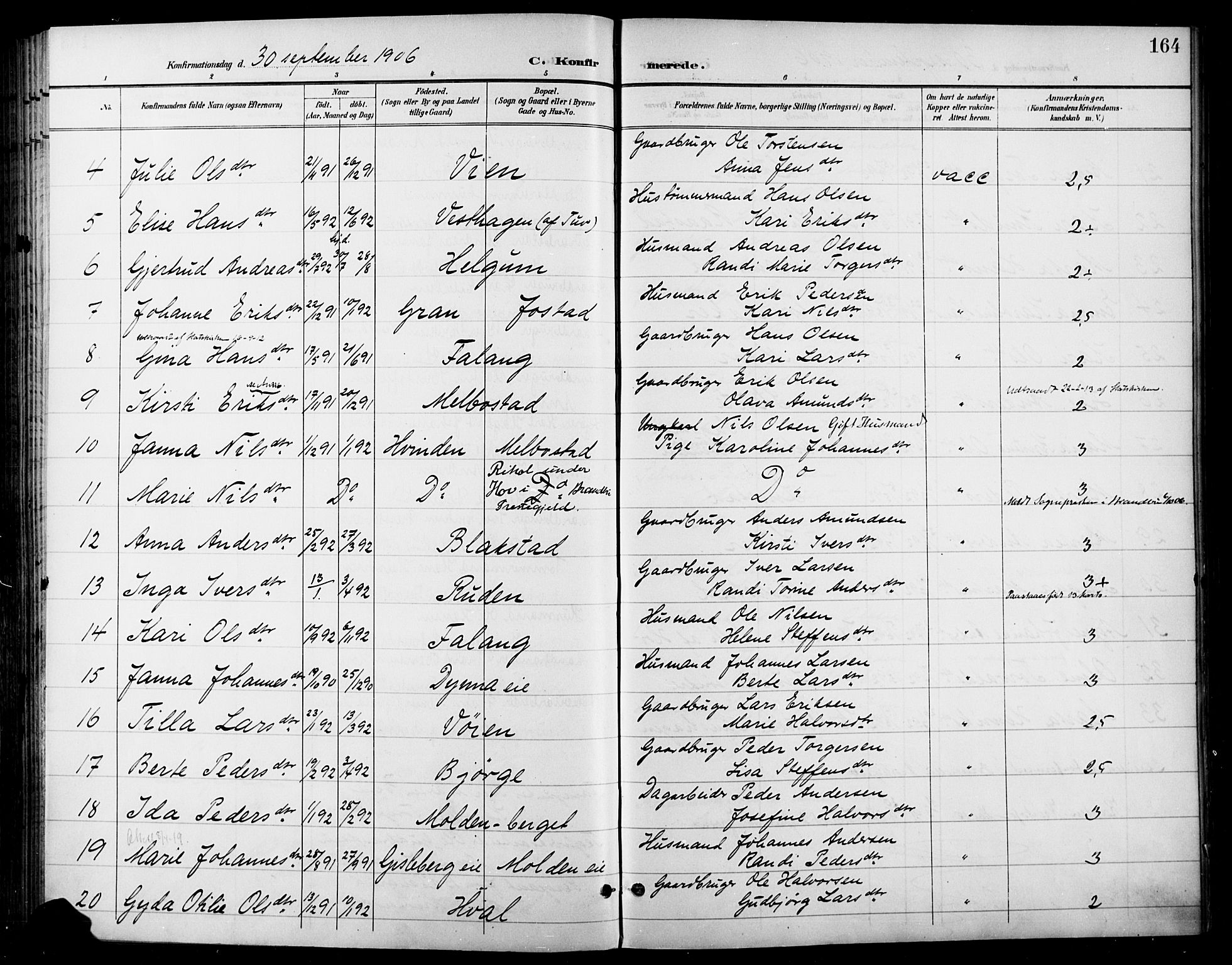 Gran prestekontor, AV/SAH-PREST-112/H/Ha/Haa/L0019: Parish register (official) no. 19, 1898-1907, p. 164