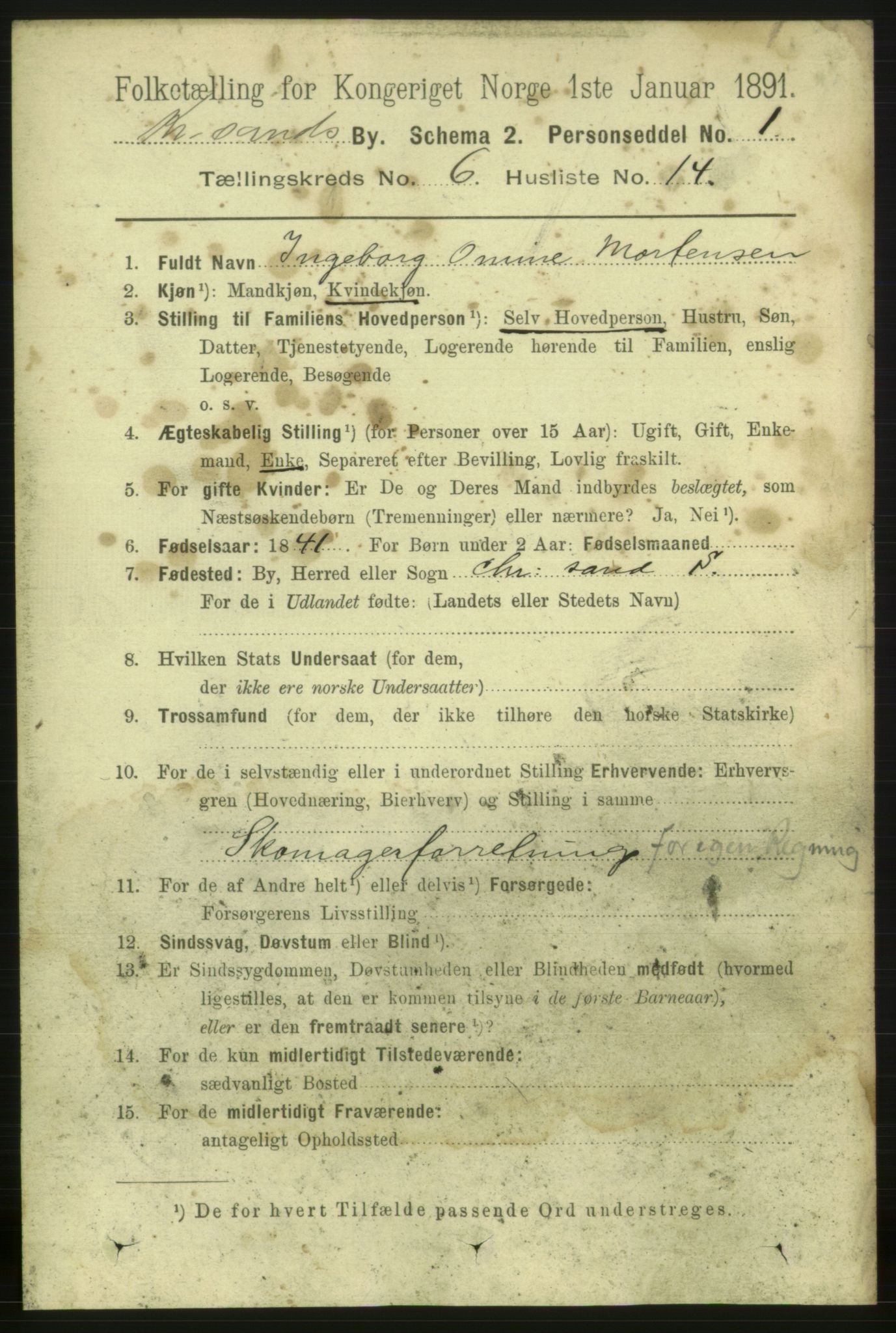 RA, 1891 census for 1001 Kristiansand, 1891, p. 4606