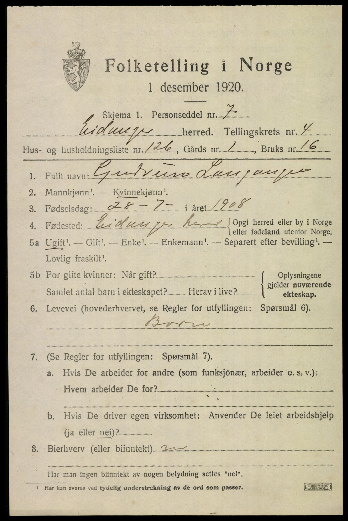 SAKO, 1920 census for Eidanger, 1920, p. 5006