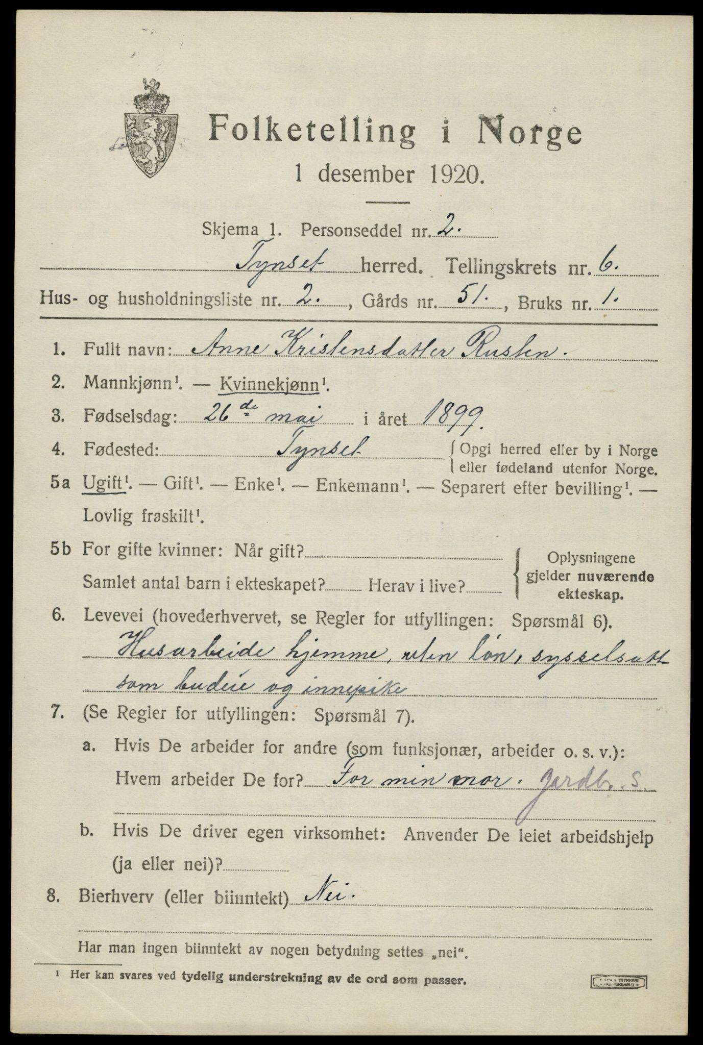 SAH, 1920 census for Tynset, 1920, p. 5526