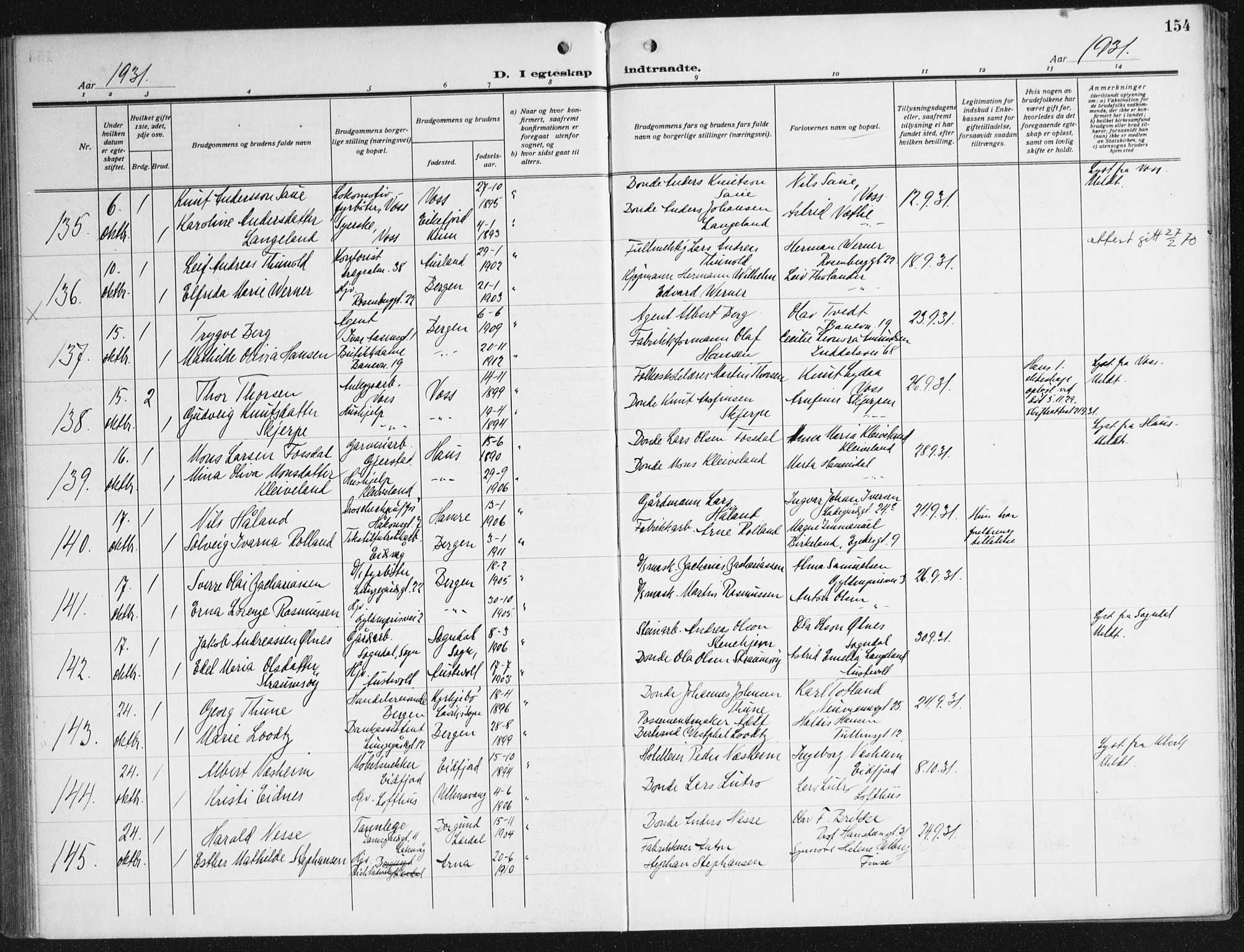 Domkirken sokneprestembete, AV/SAB-A-74801/H/Haa/L0039: Parish register (official) no. D 6, 1921-1937, p. 154