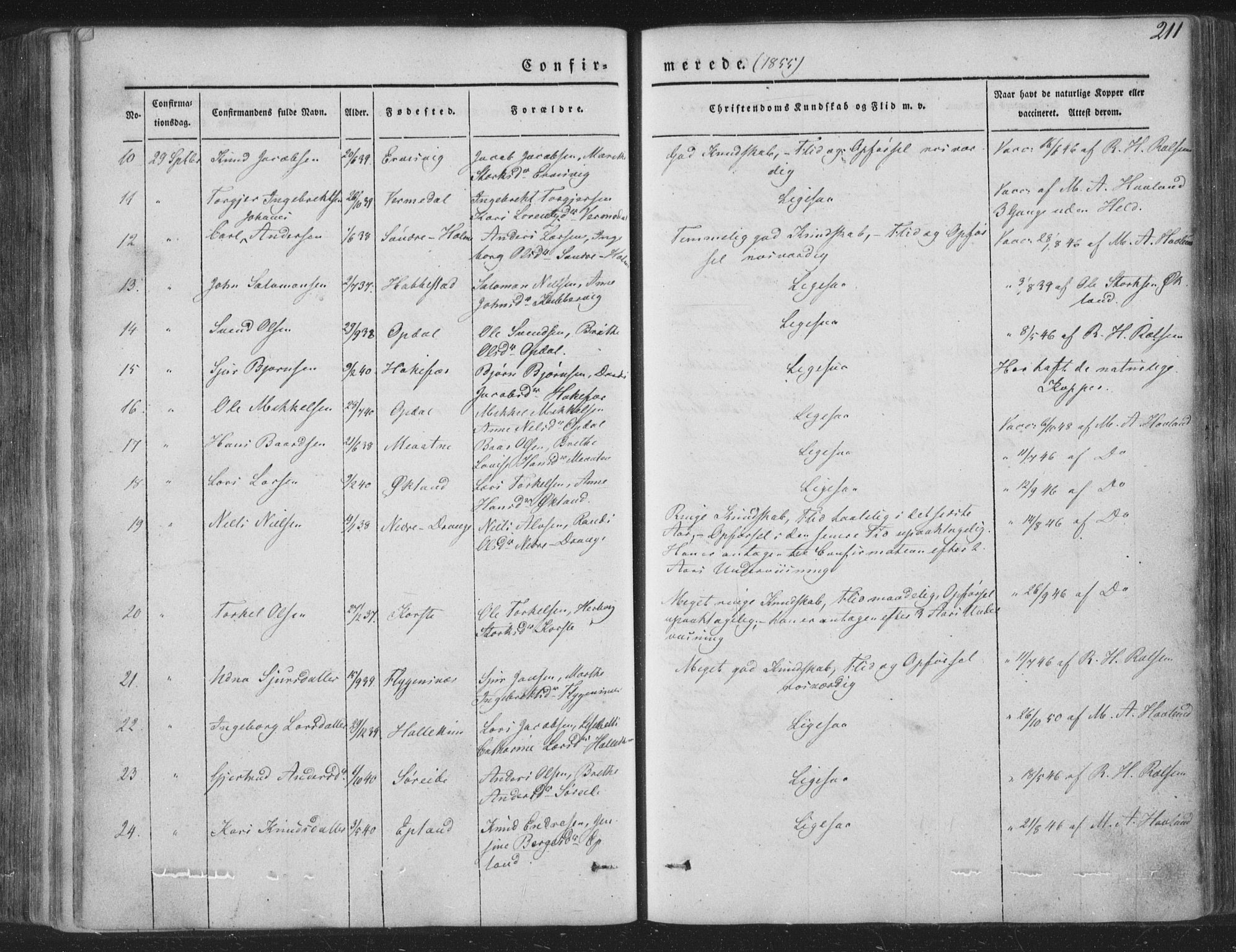 Tysnes sokneprestembete, AV/SAB-A-78601/H/Haa: Parish register (official) no. A 10, 1848-1859, p. 211