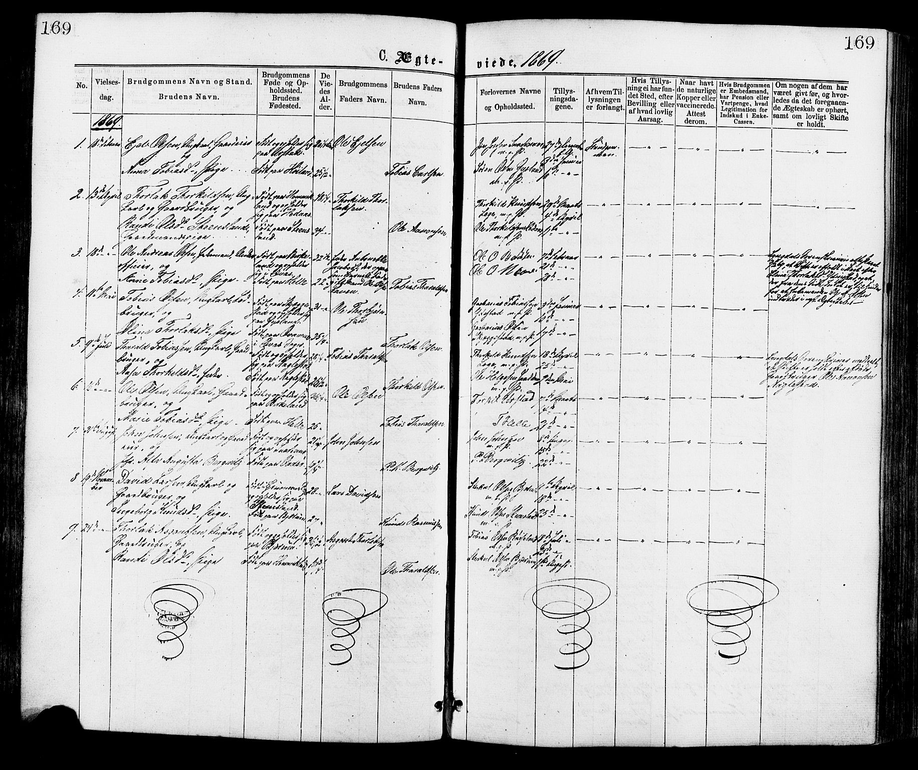 Hægebostad sokneprestkontor, AV/SAK-1111-0024/F/Fa/Faa/L0005: Parish register (official) no. A 5, 1864-1886, p. 169