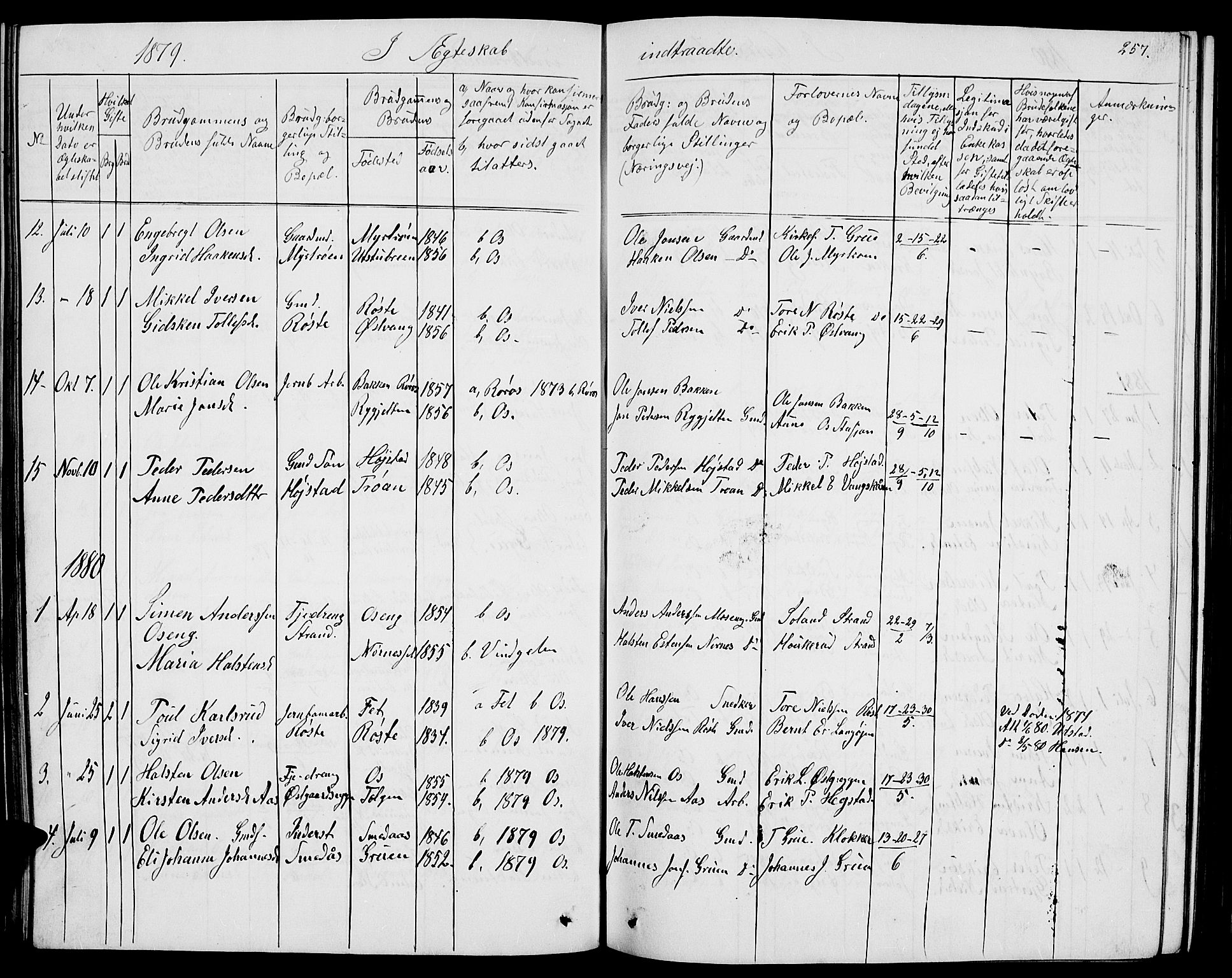 Tolga prestekontor, SAH/PREST-062/L/L0004: Parish register (copy) no. 4, 1845-1887, p. 257