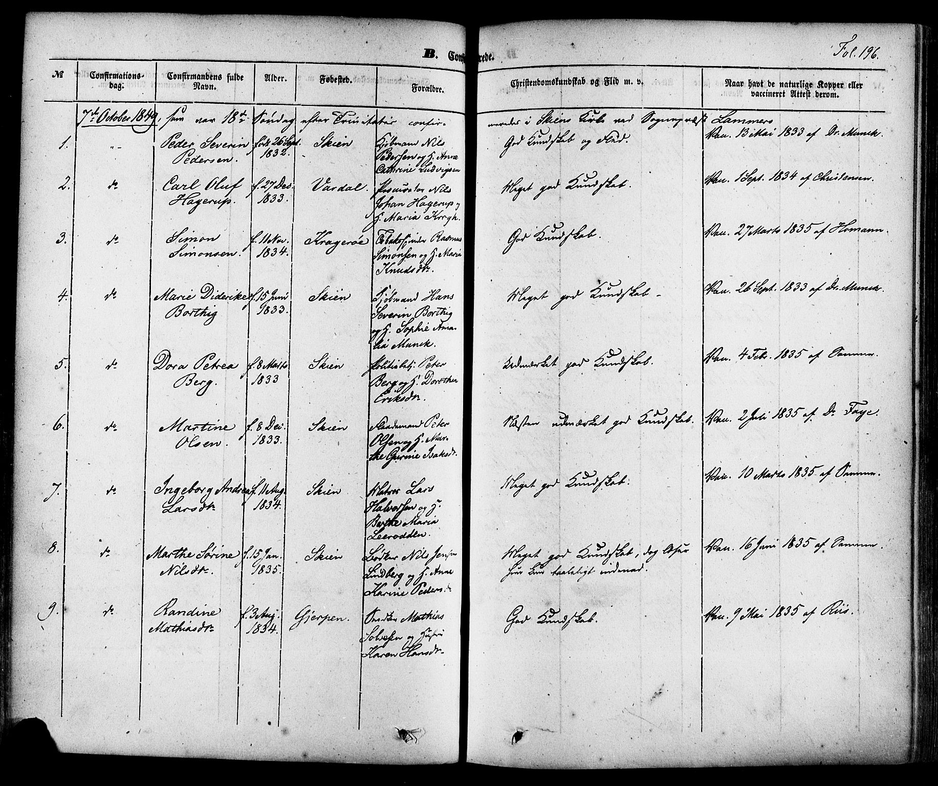 Skien kirkebøker, SAKO/A-302/F/Fa/L0006a: Parish register (official) no. 6A, 1843-1856, p. 196