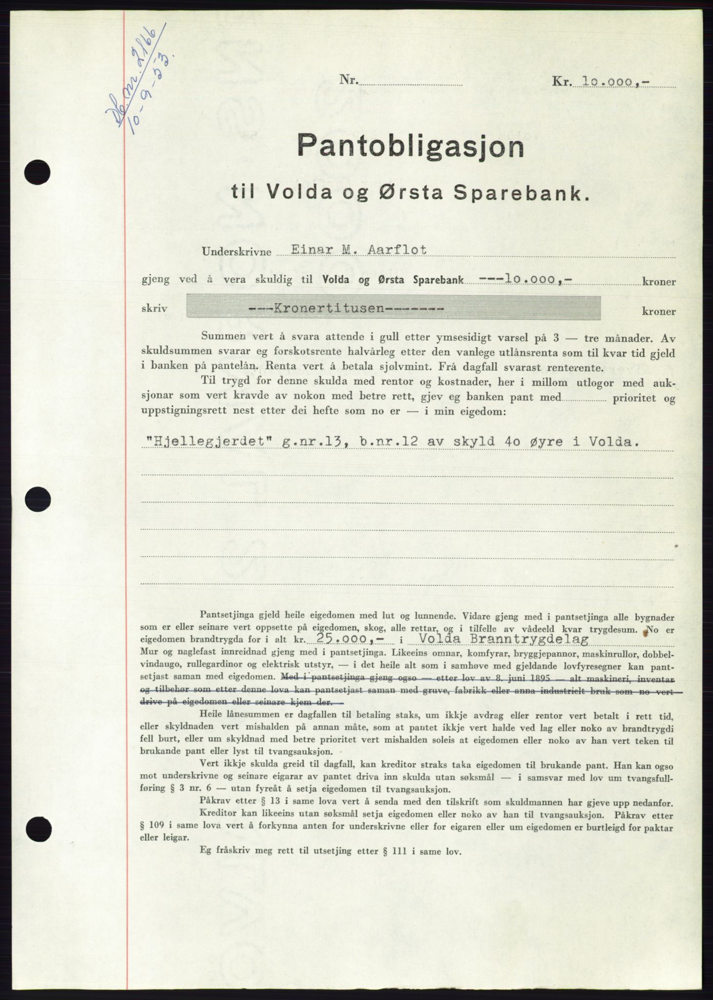 Søre Sunnmøre sorenskriveri, SAT/A-4122/1/2/2C/L0123: Mortgage book no. 11B, 1953-1953, Diary no: : 2166/1953
