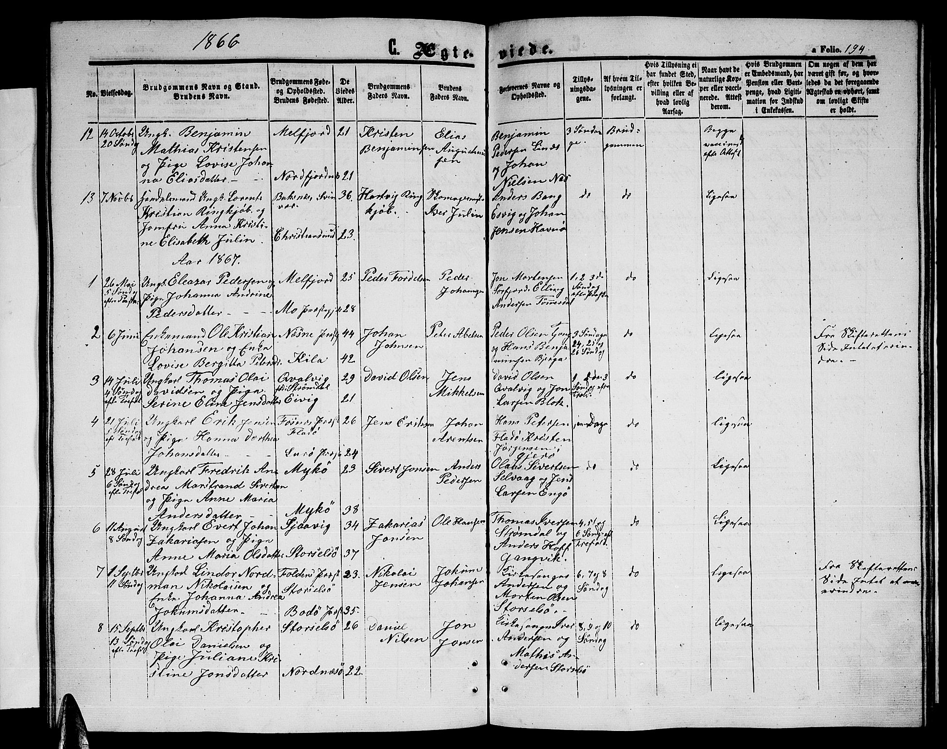 Ministerialprotokoller, klokkerbøker og fødselsregistre - Nordland, SAT/A-1459/841/L0619: Parish register (copy) no. 841C03, 1856-1876, p. 194