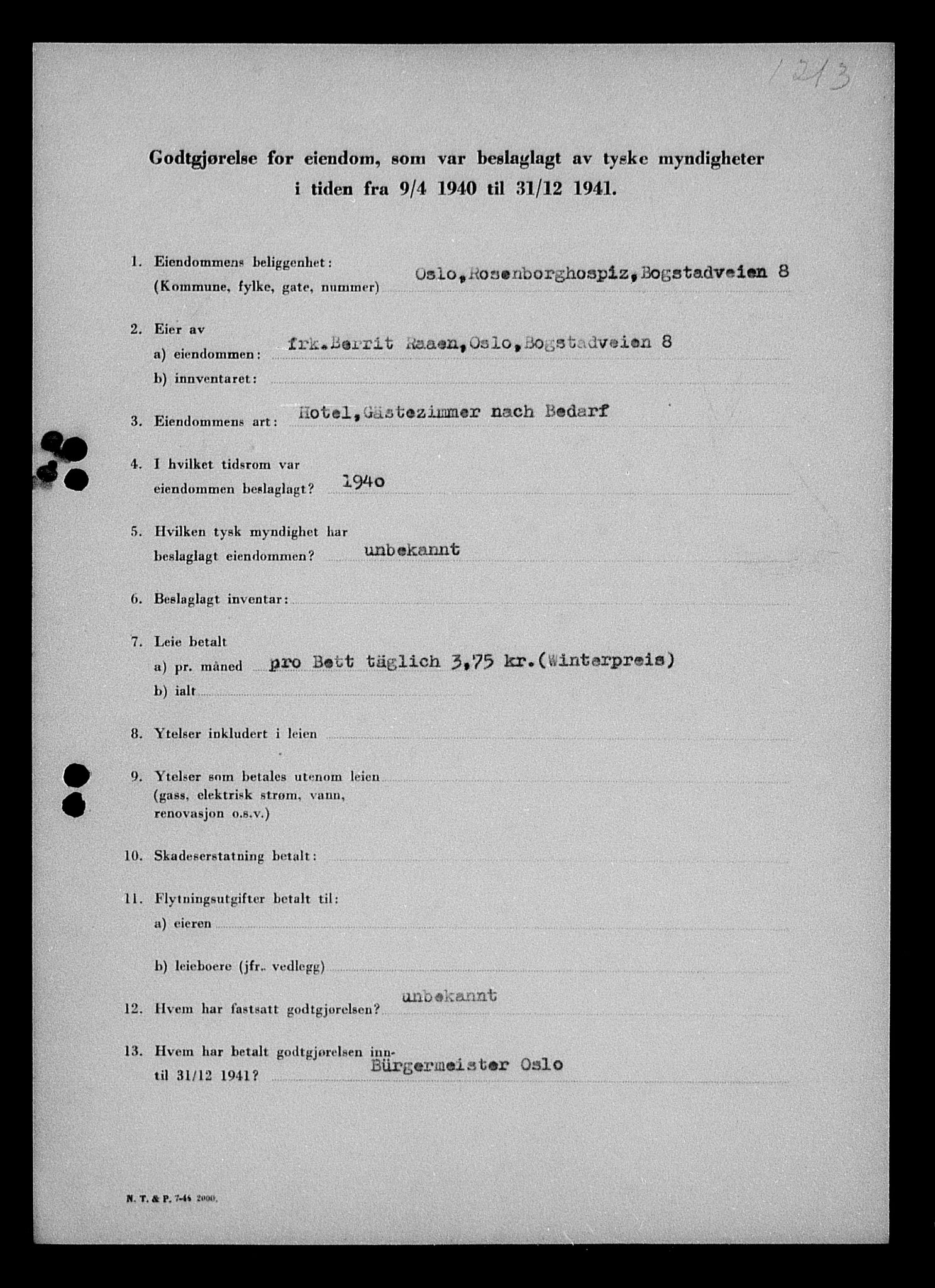 Justisdepartementet, Tilbakeføringskontoret for inndratte formuer, RA/S-1564/I/L1011: Godtgjørelse for beslaglagt eiendom, 1940-1941, p. 522