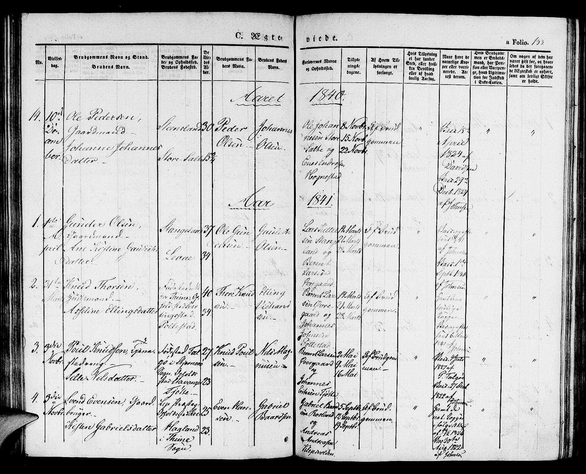 Klepp sokneprestkontor, SAST/A-101803/001/3/30BA/L0003: Parish register (official) no. A 3, 1833-1842, p. 133