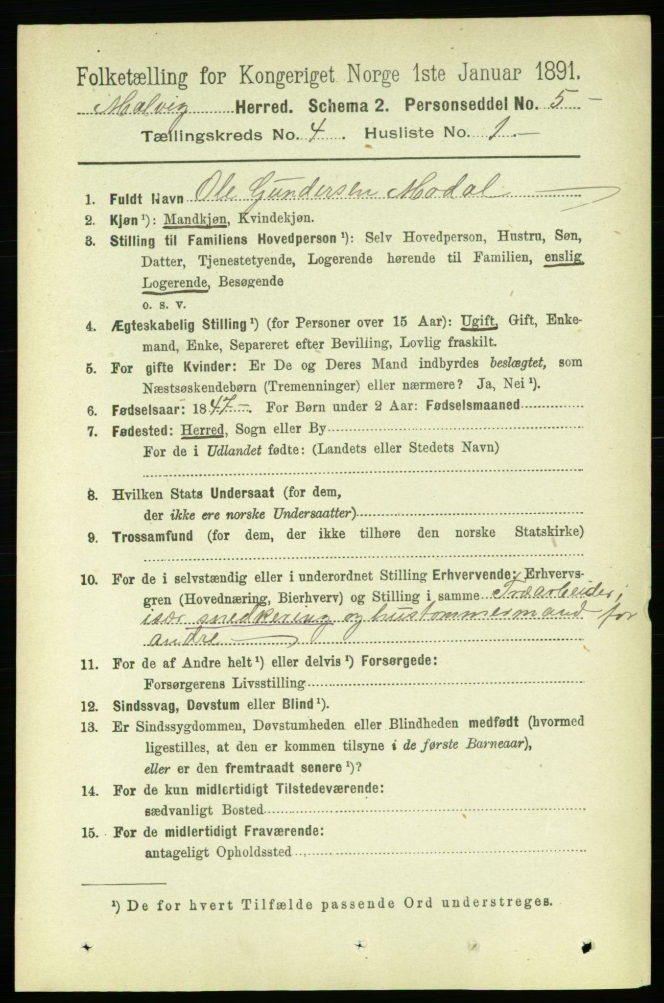 RA, 1891 census for 1663 Malvik, 1891, p. 2695