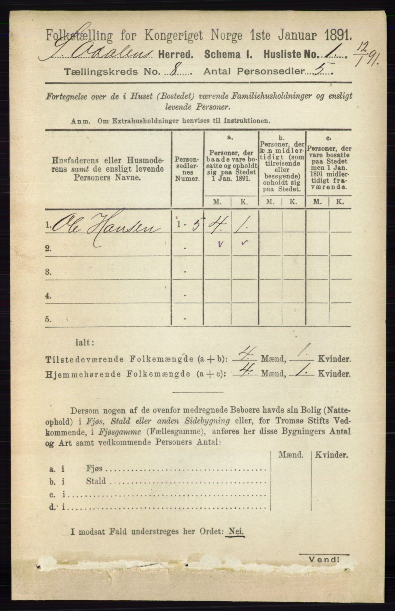RA, 1891 census for 0419 Sør-Odal, 1891, p. 3961