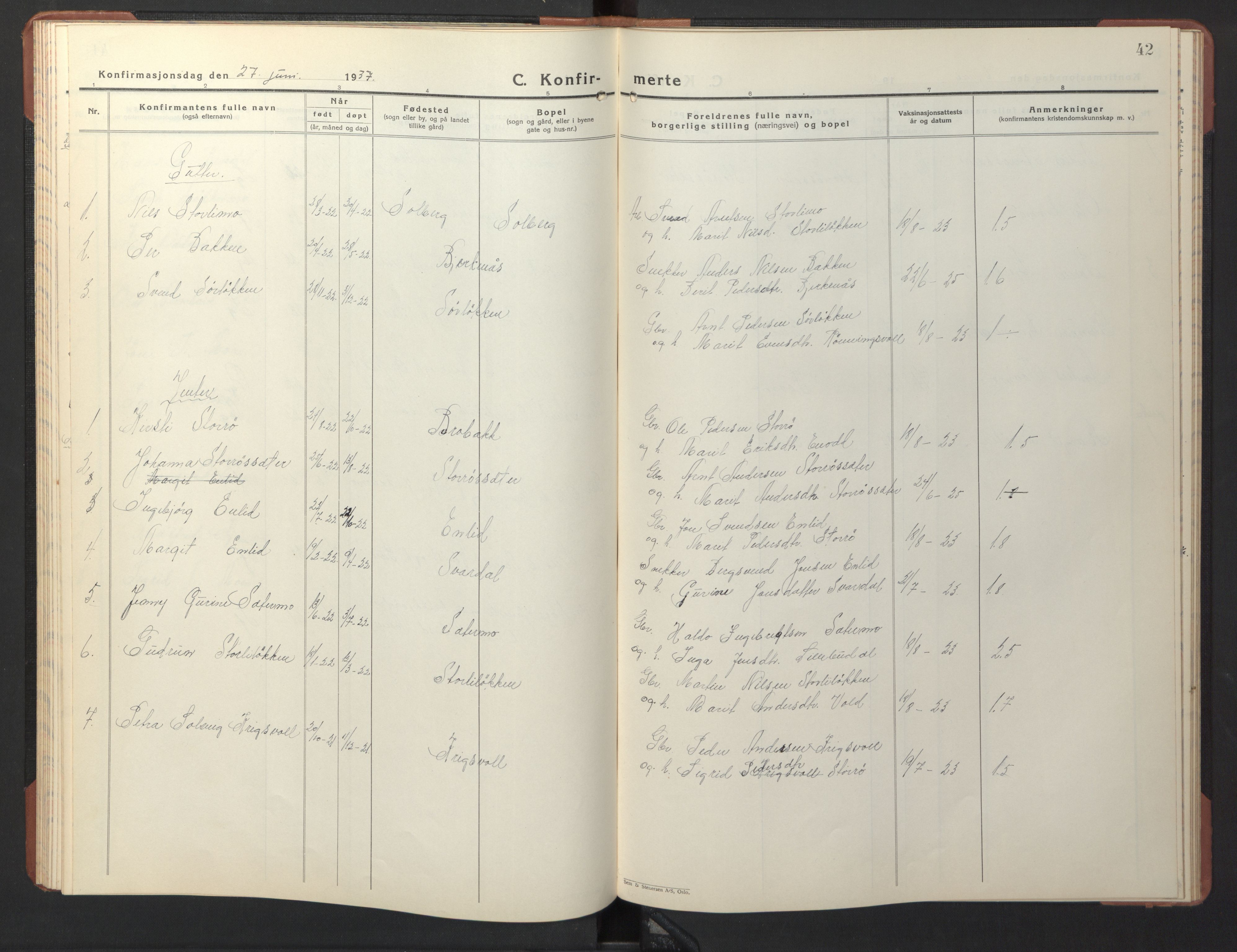 Ministerialprotokoller, klokkerbøker og fødselsregistre - Sør-Trøndelag, SAT/A-1456/690/L1053: Parish register (copy) no. 690C03, 1930-1947, p. 42