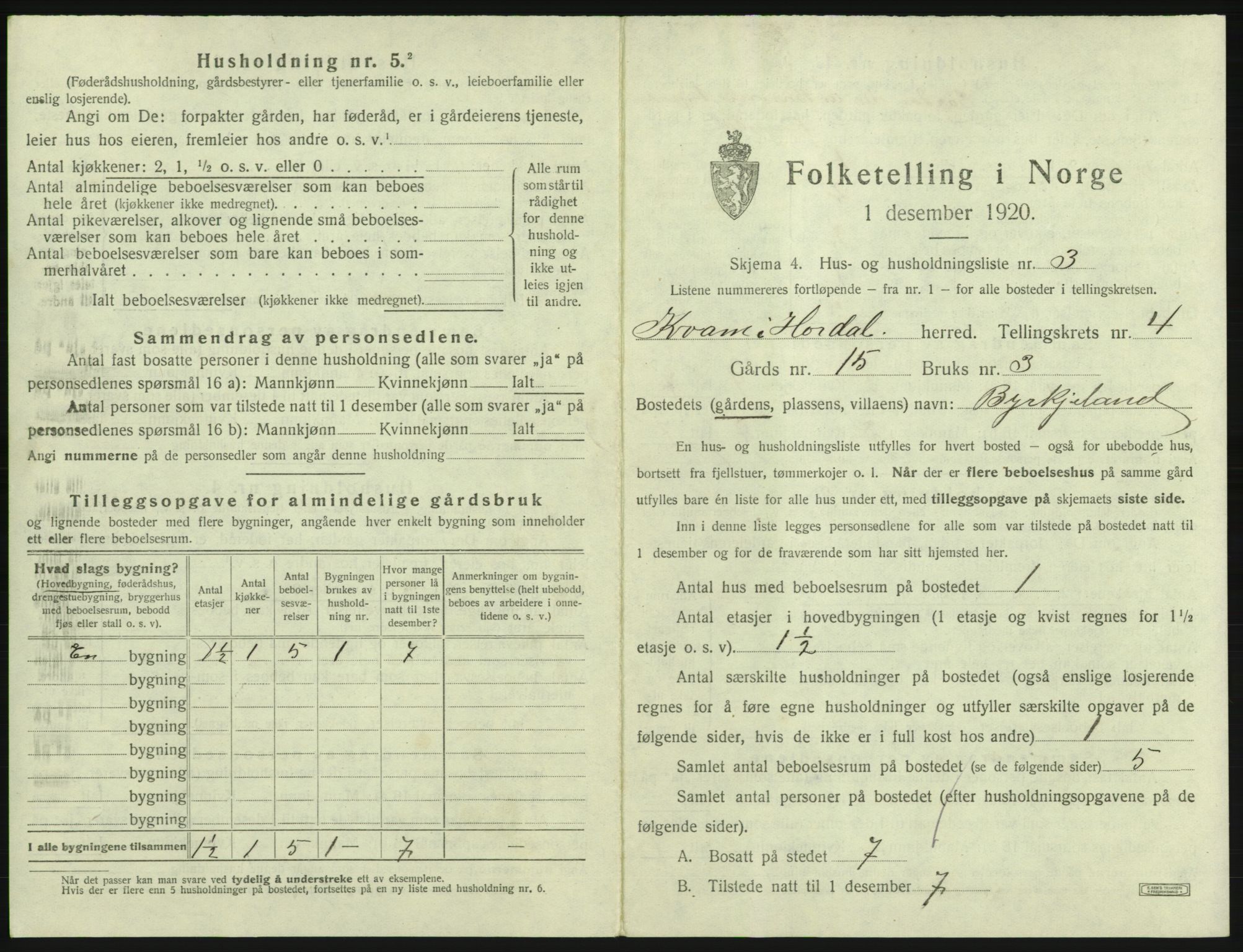 SAB, 1920 census for Kvam, 1920, p. 307