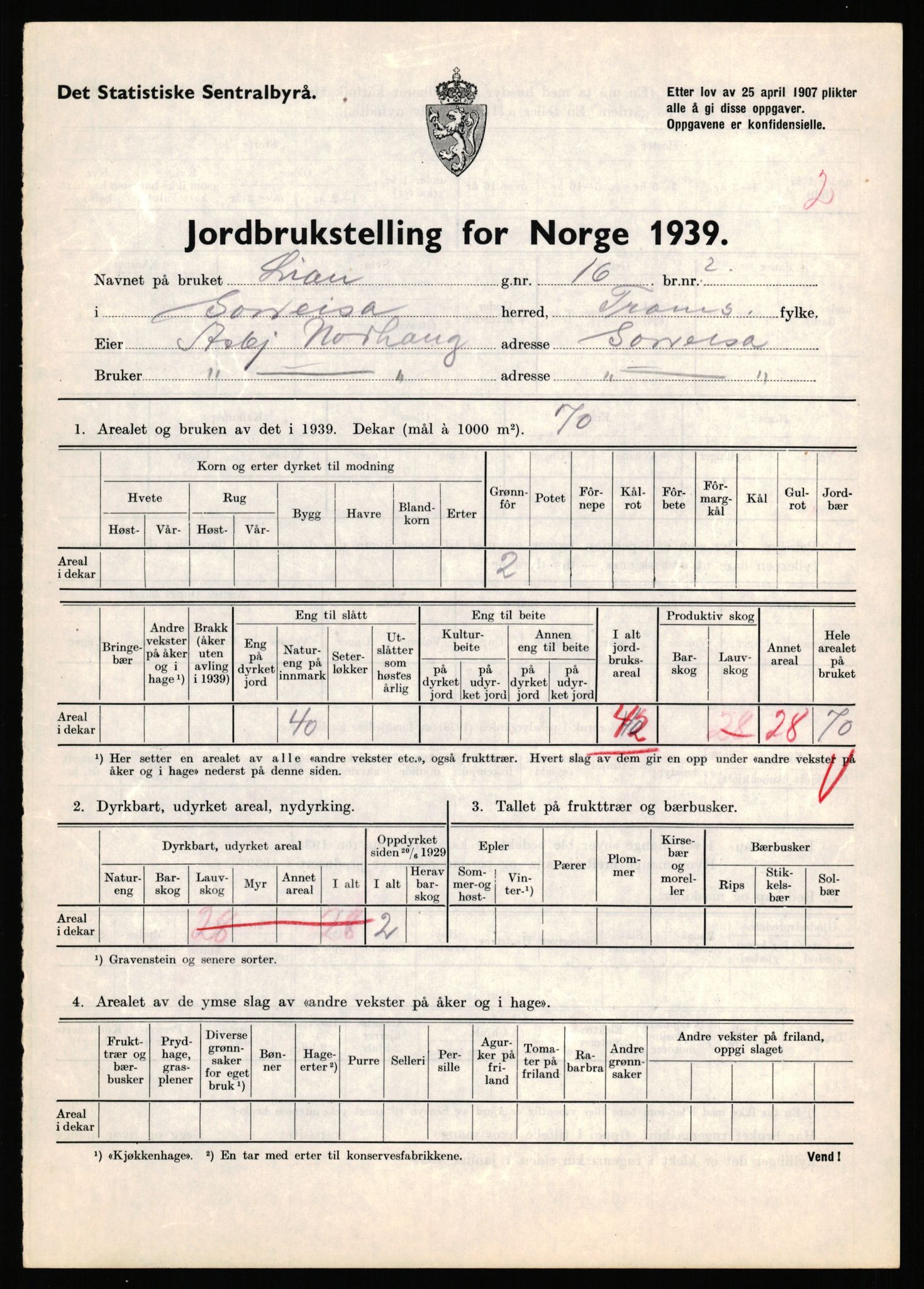 Statistisk sentralbyrå, Næringsøkonomiske emner, Jordbruk, skogbruk, jakt, fiske og fangst, AV/RA-S-2234/G/Gb/L0341: Troms: Sørreisa og Tranøy, 1939, p. 409