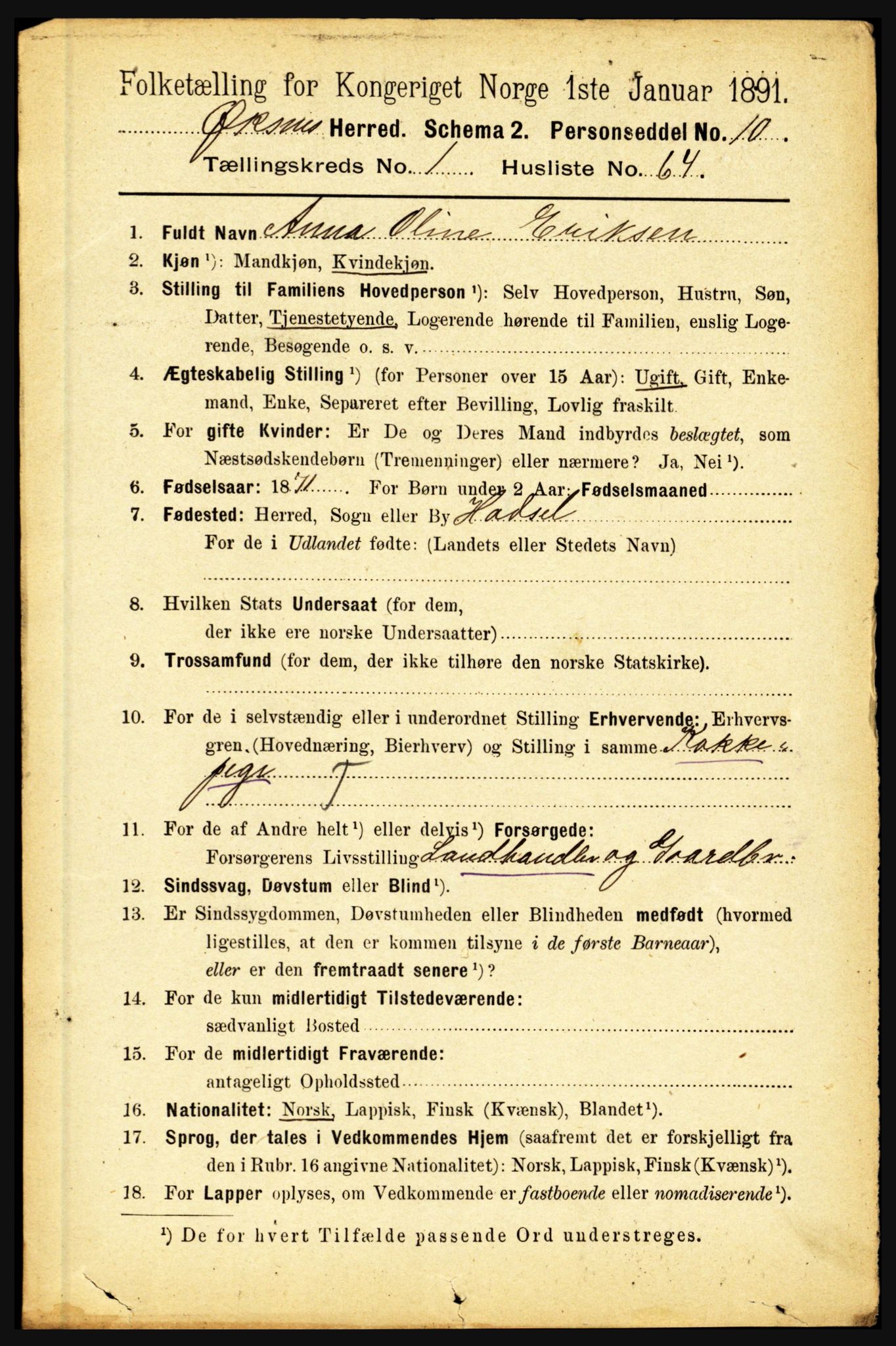 RA, 1891 census for 1868 Øksnes, 1891, p. 589