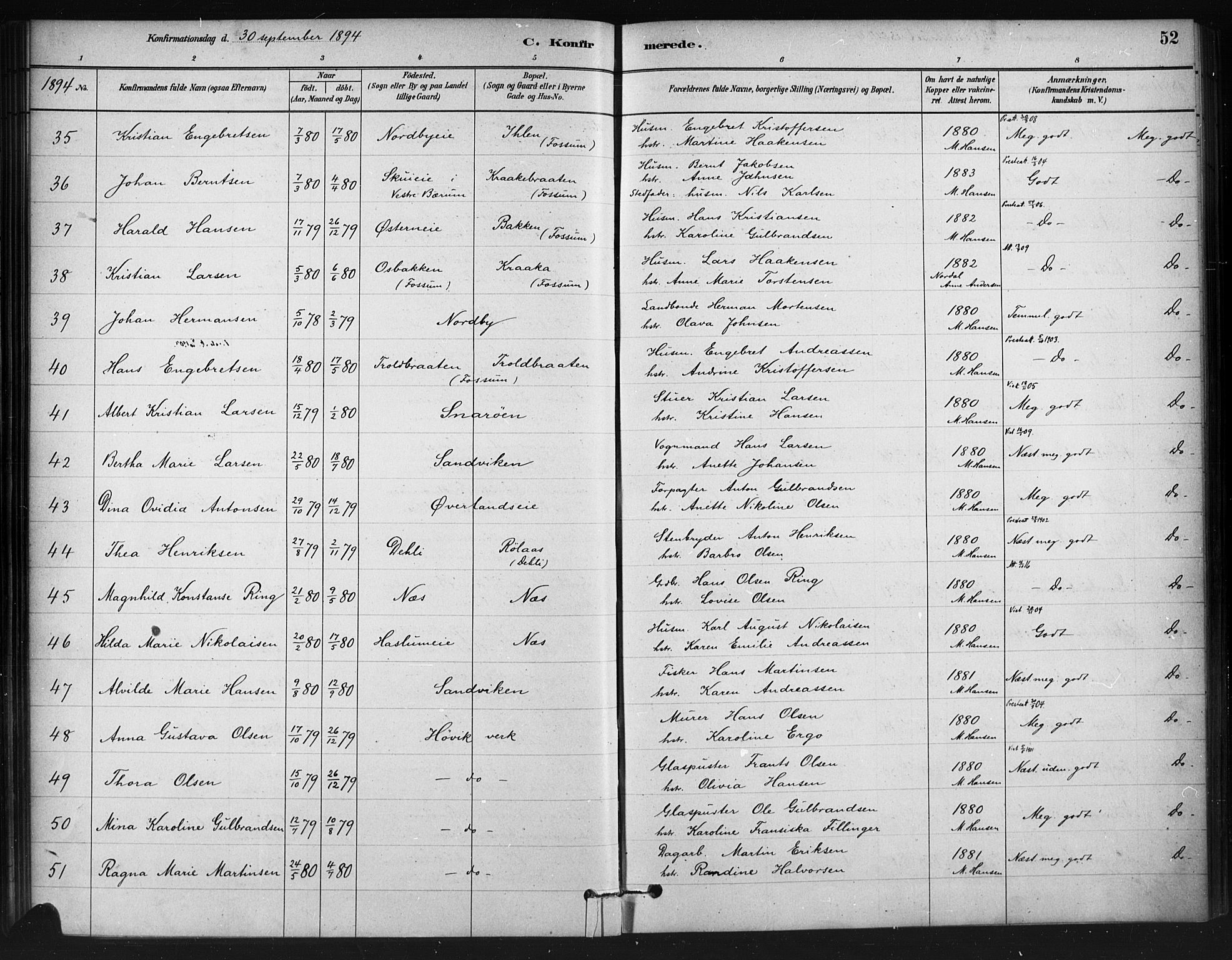Asker prestekontor Kirkebøker, SAO/A-10256a/F/Fc/L0002: Parish register (official) no. III 2, 1879-1904, p. 52
