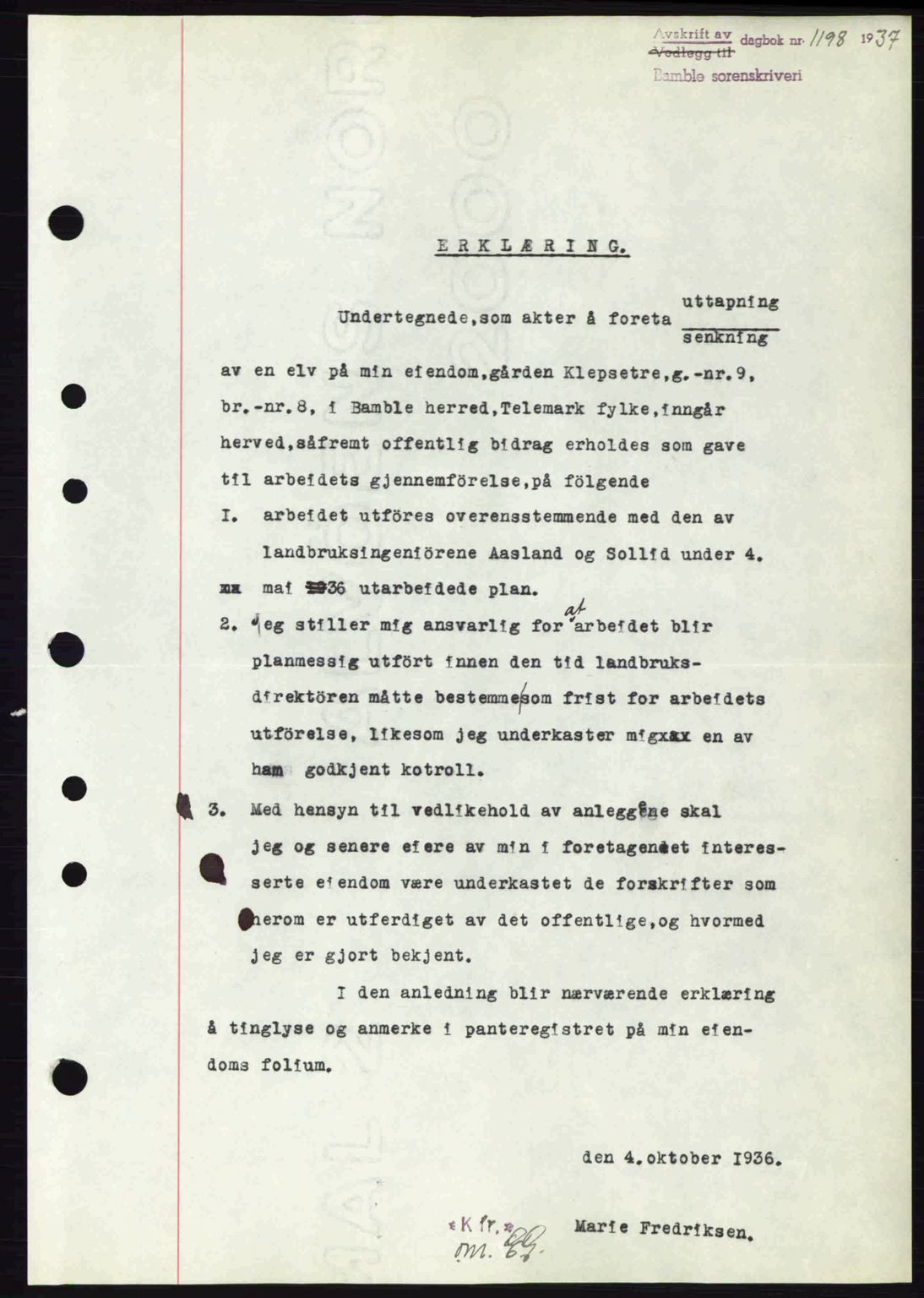 Bamble sorenskriveri, AV/SAKO-A-214/G/Ga/Gag/L0002: Mortgage book no. A-2, 1937-1938, Diary no: : 1198/1937