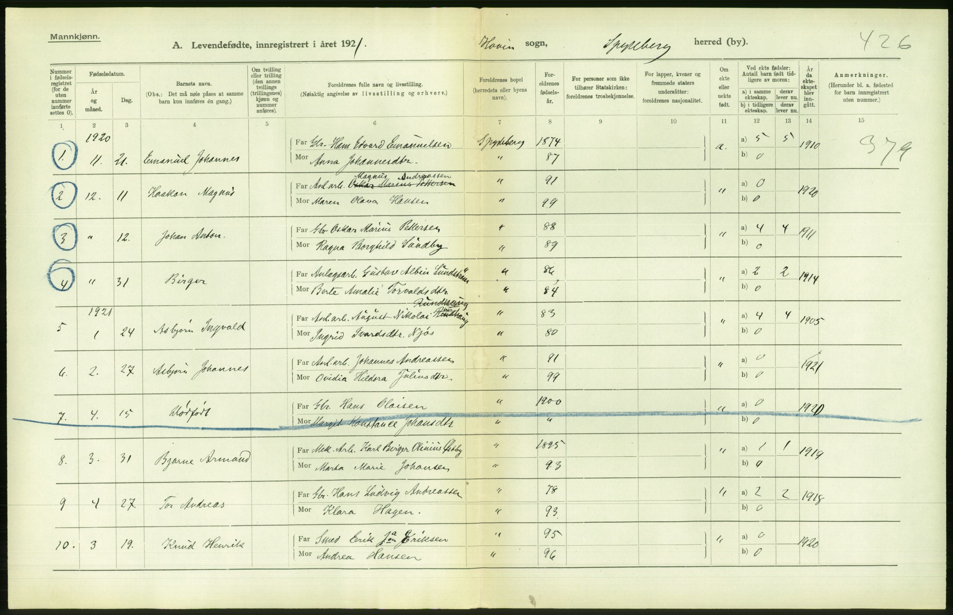 Statistisk sentralbyrå, Sosiodemografiske emner, Befolkning, AV/RA-S-2228/D/Df/Dfc/Dfca/L0001: Østfold fylke: Levendefødte menn og kvinner. Bygder., 1921, p. 28