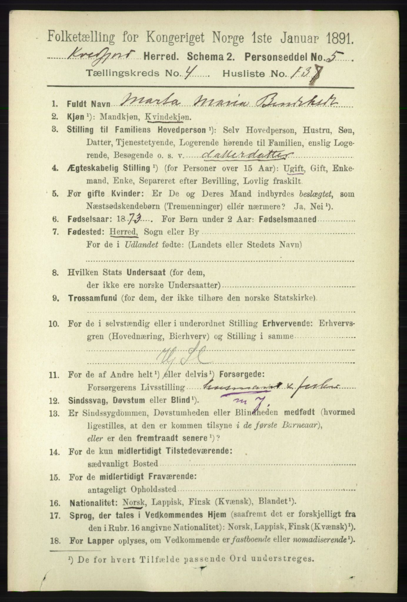 RA, 1891 census for 1911 Kvæfjord, 1891, p. 2758