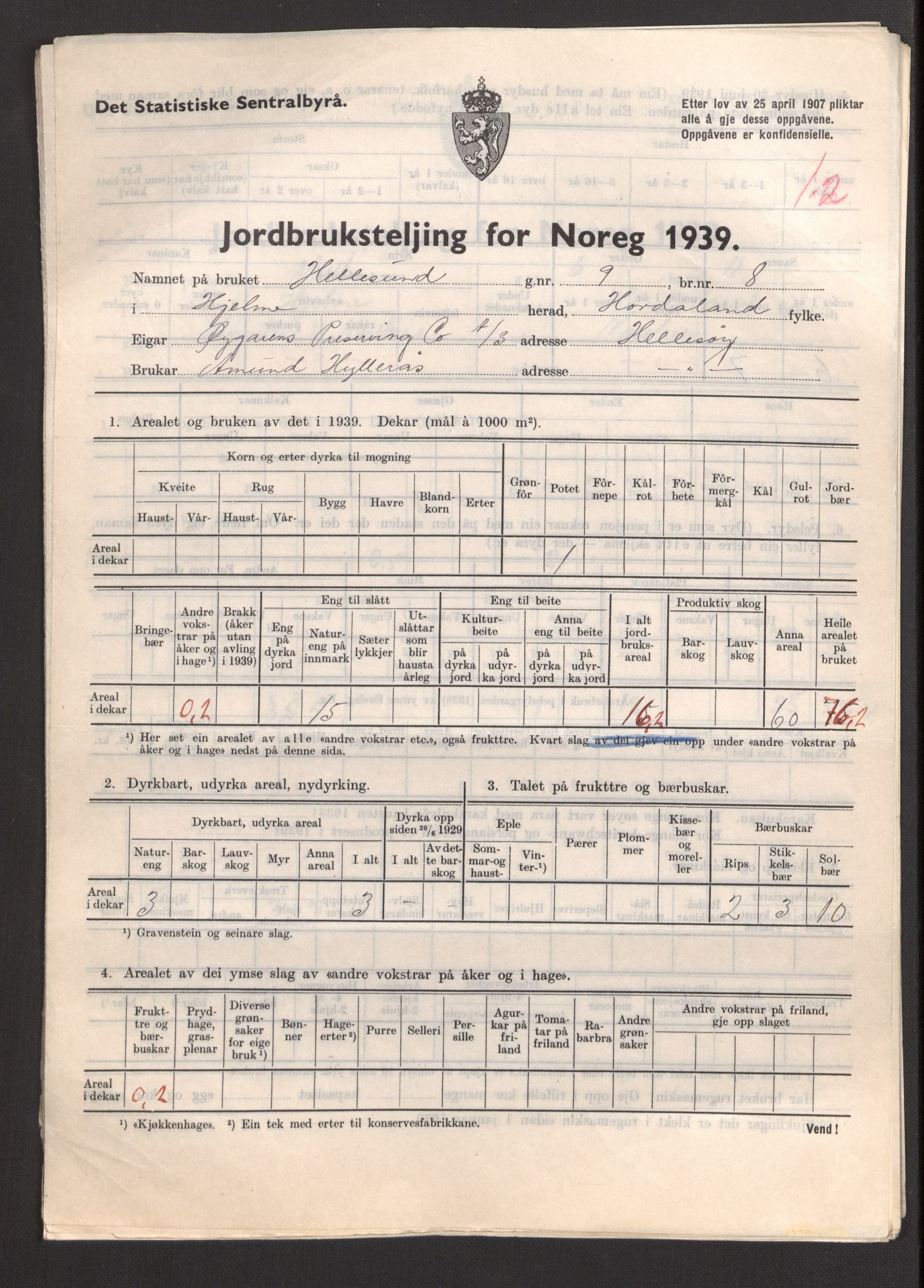 Statistisk sentralbyrå, Næringsøkonomiske emner, Jordbruk, skogbruk, jakt, fiske og fangst, AV/RA-S-2234/G/Gb/L0211: Hordaland: Herdla, Hjelme og Manger, 1939, p. 1259