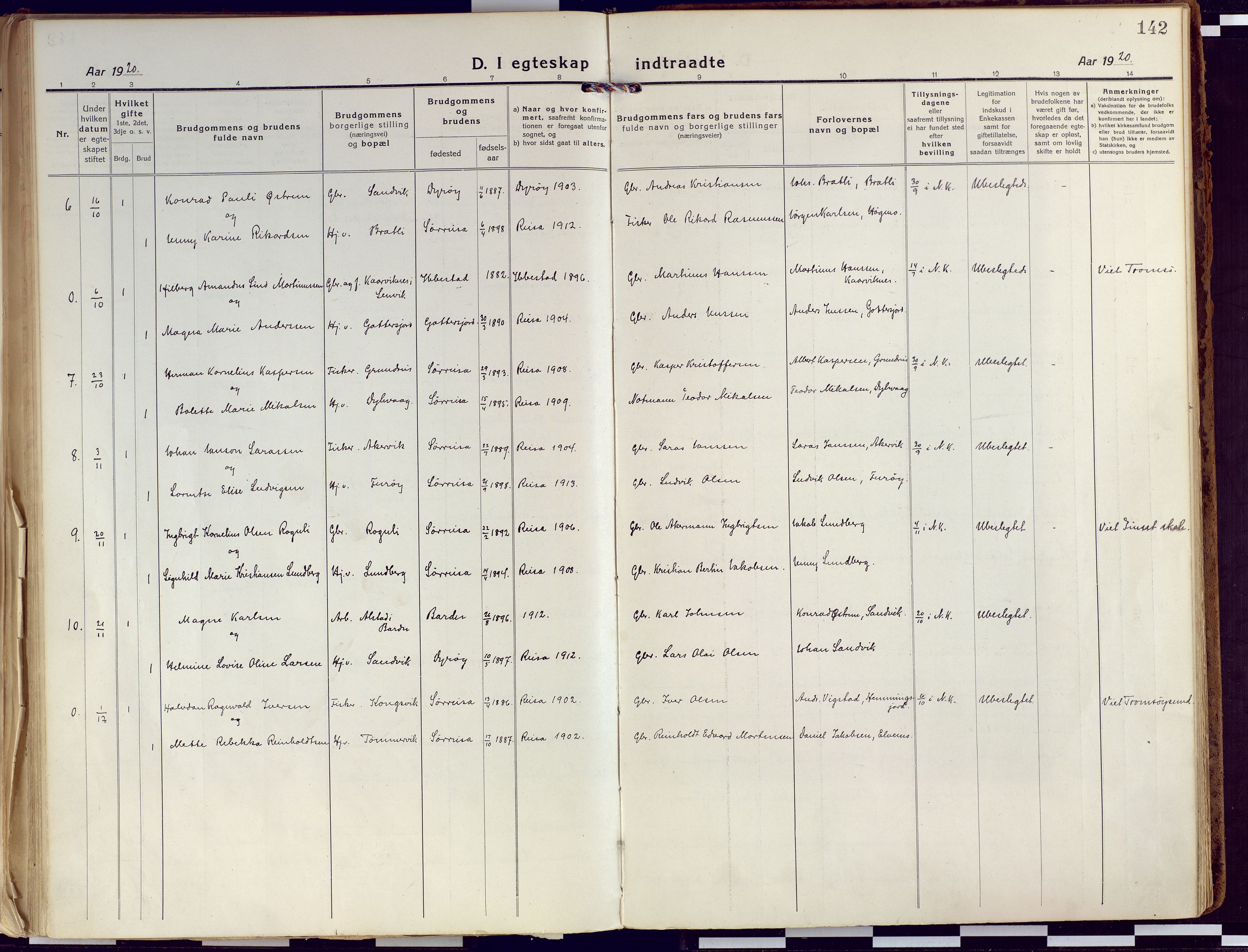 Tranøy sokneprestkontor, SATØ/S-1313/I/Ia/Iaa/L0015kirke: Parish register (official) no. 15, 1919-1928, p. 142