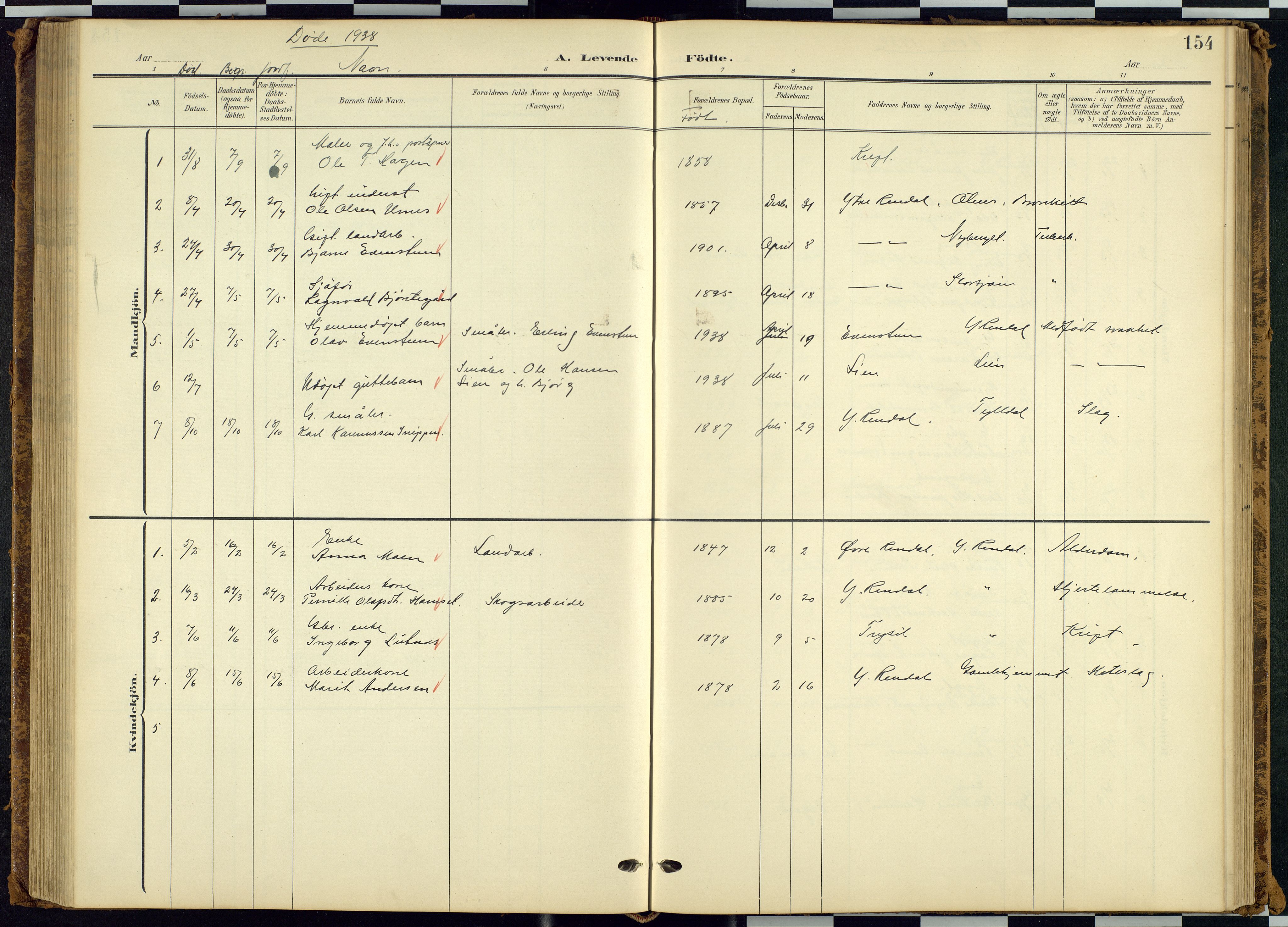 Rendalen prestekontor, SAH/PREST-054/H/Ha/Hab/L0010: Parish register (copy) no. 10, 1903-1940, p. 154